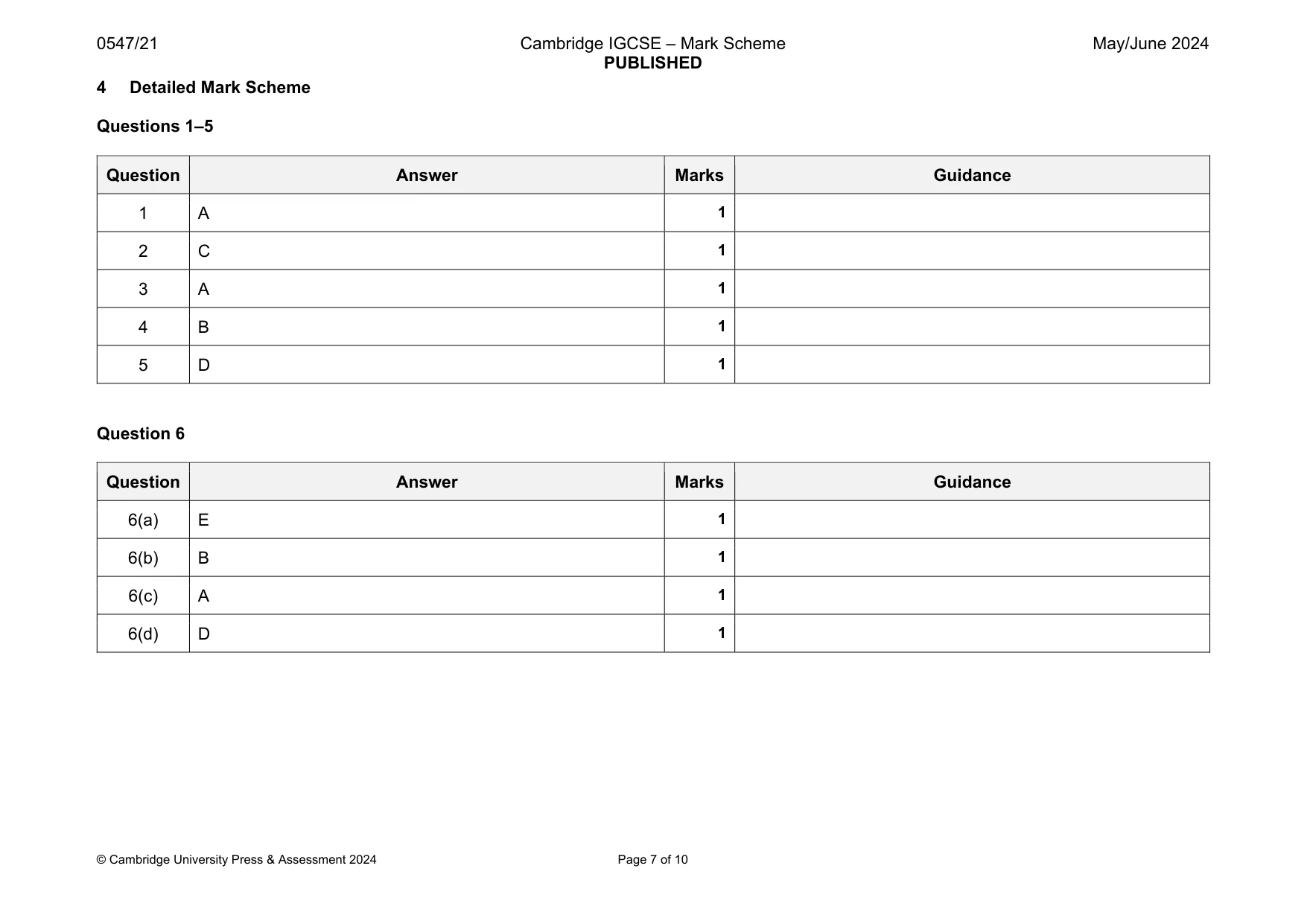 Mark scheme, page 7 of 10
