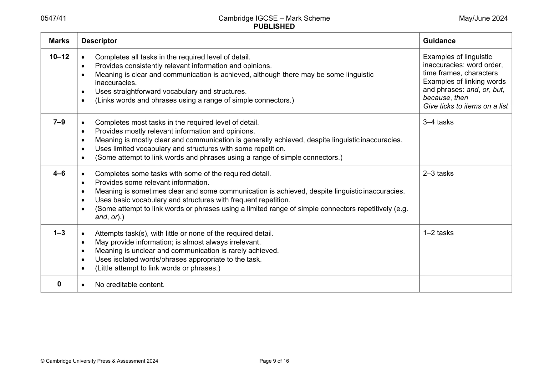 Mark scheme, page 9 of 16