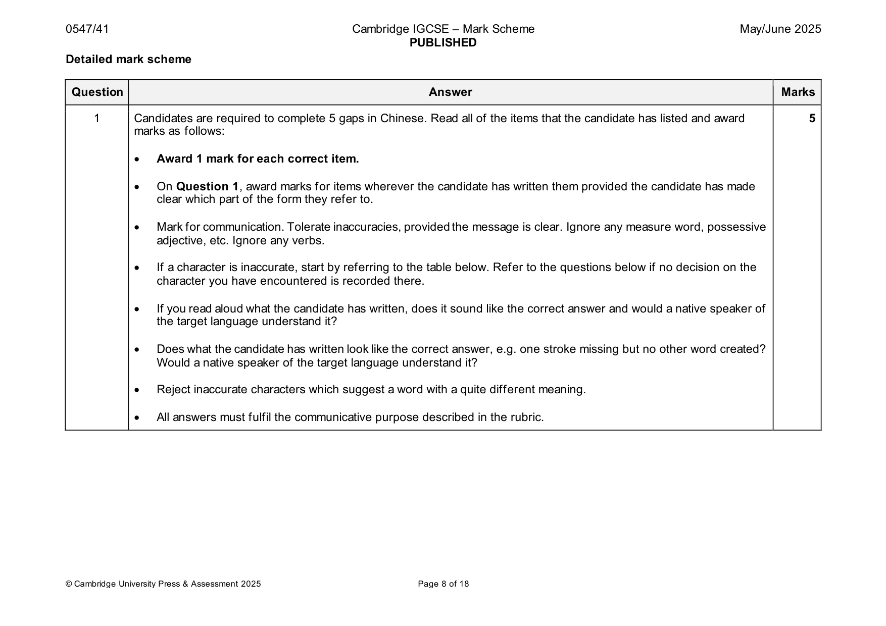 Mark scheme, page 8 of 18