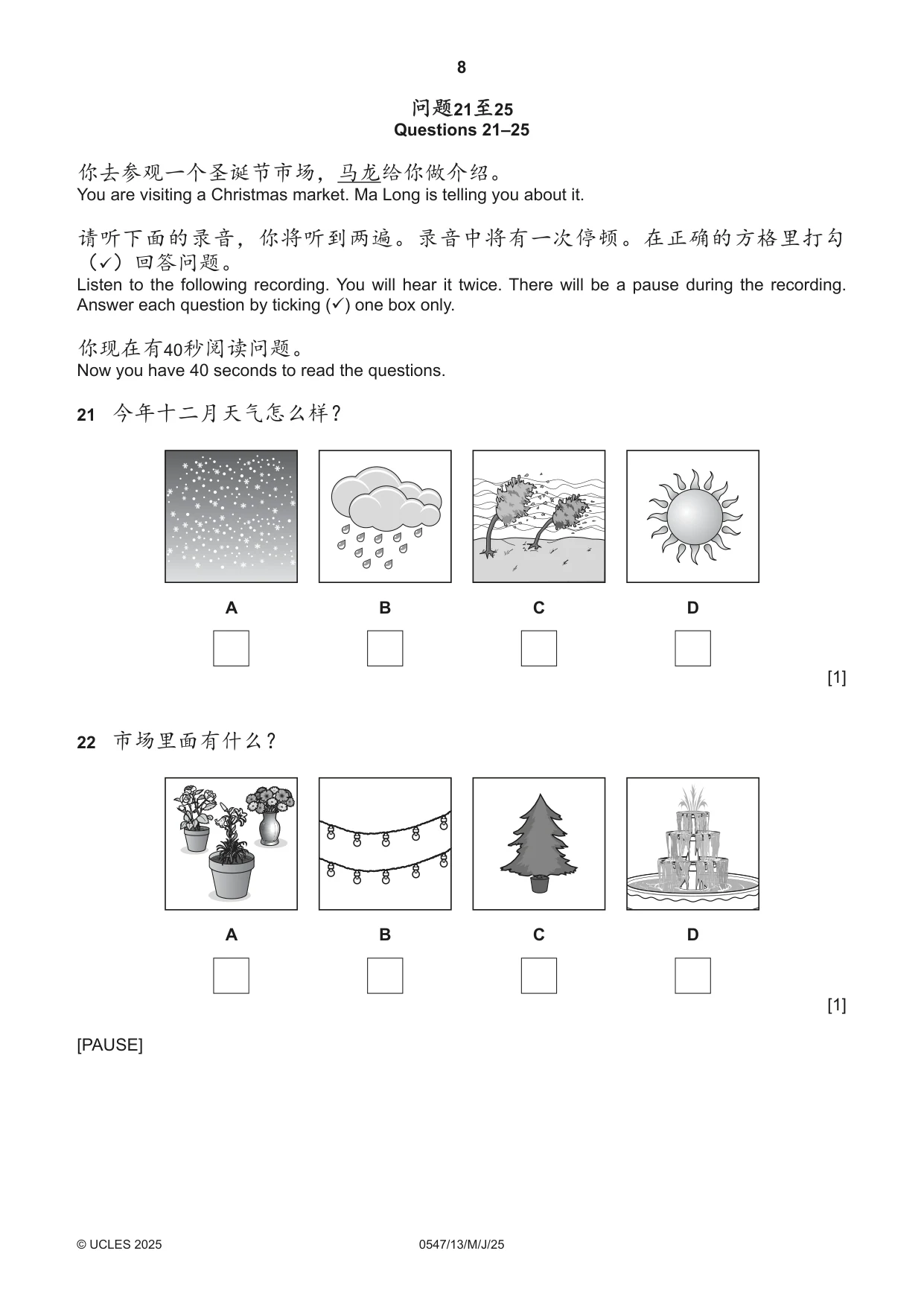 Cambridge IGCSE Chinese (Mandarin) - Foreign Language 0547 2025 May/June Paper 1 · Variant 3 question paper, page 8 of 12
