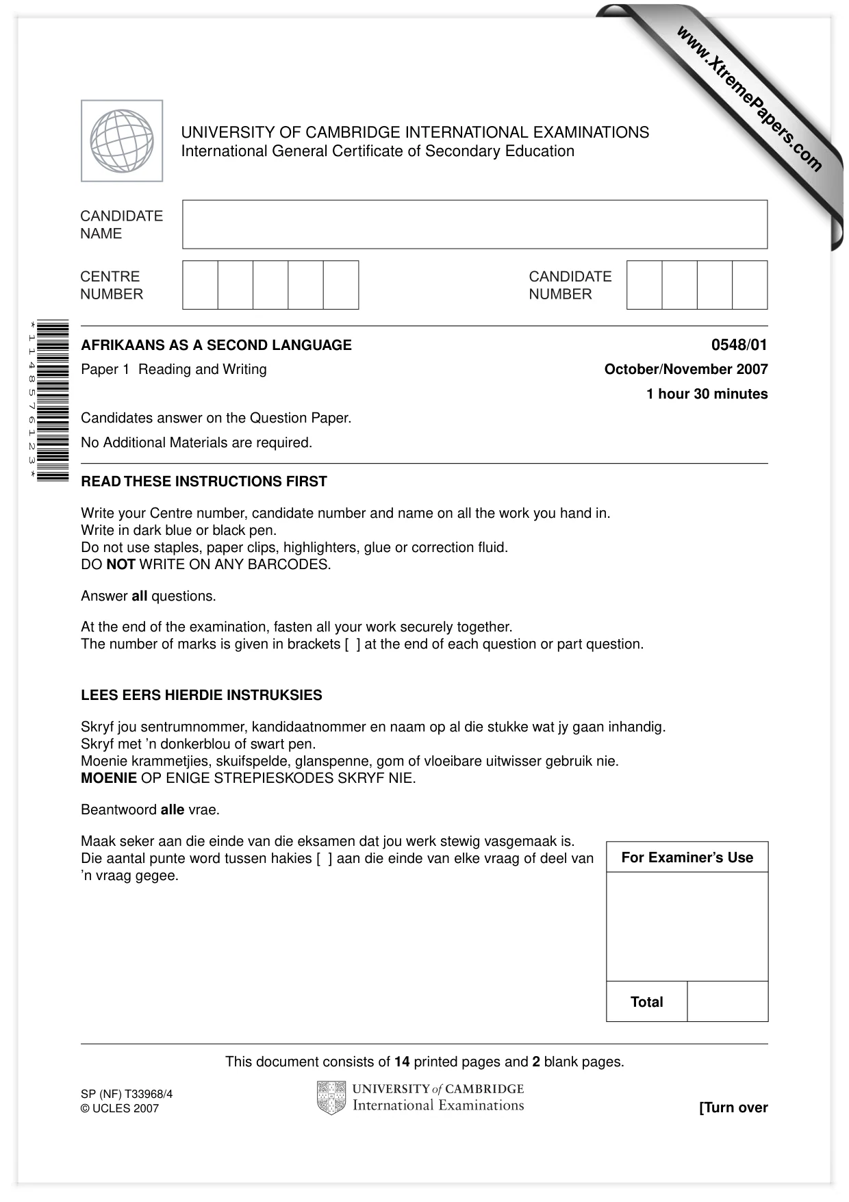 Cambridge IGCSE Afrikaans - Second Language 0548 2007 Oct/Nov Paper 1 · Variant 1 question paper, page 1 of 16