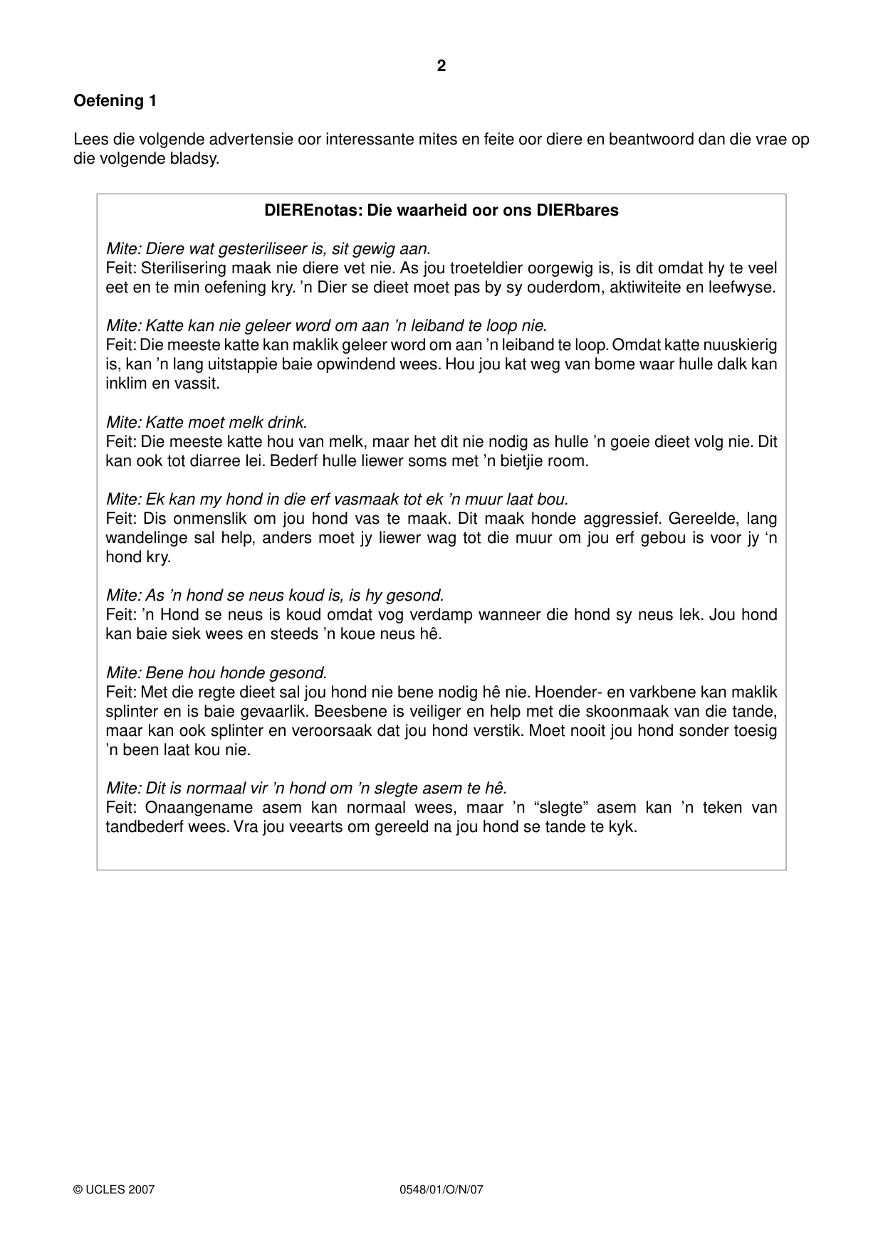 Cambridge IGCSE Afrikaans - Second Language 0548 2007 Oct/Nov Paper 1 · Variant 1 question paper, page 2 of 16