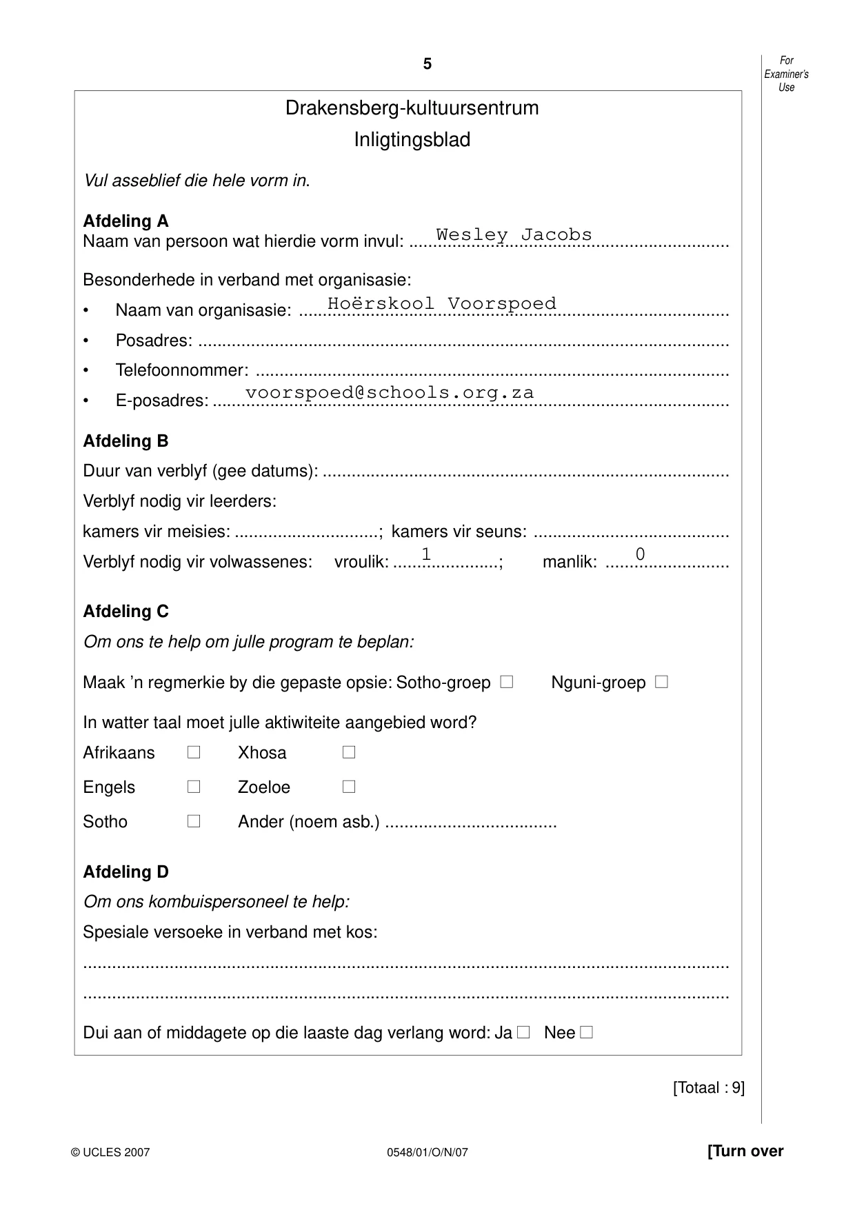 Cambridge IGCSE Afrikaans - Second Language 0548 2007 Oct/Nov Paper 1 · Variant 1 question paper, page 5 of 16