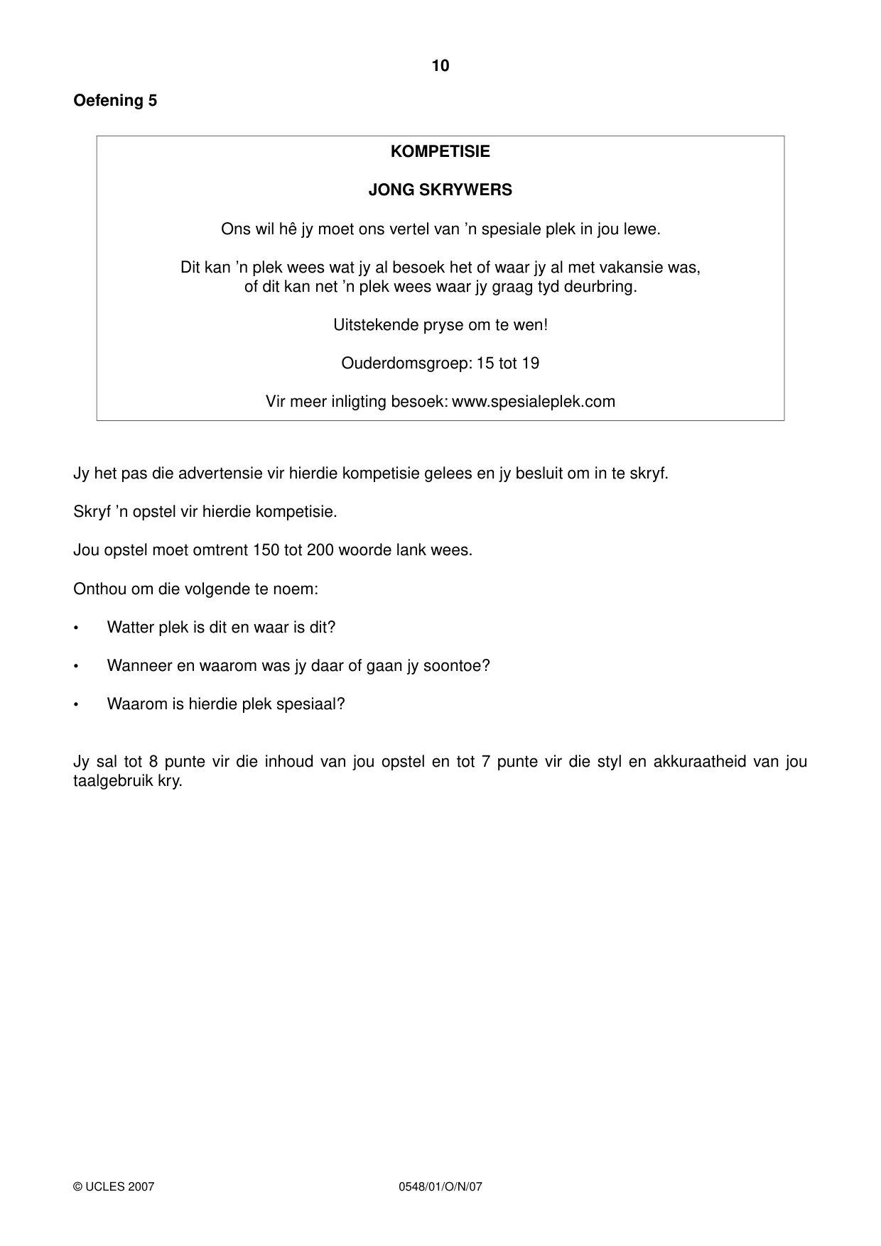 Cambridge IGCSE Afrikaans - Second Language 0548 2007 Oct/Nov Paper 1 · Variant 1 question paper, page 10 of 16