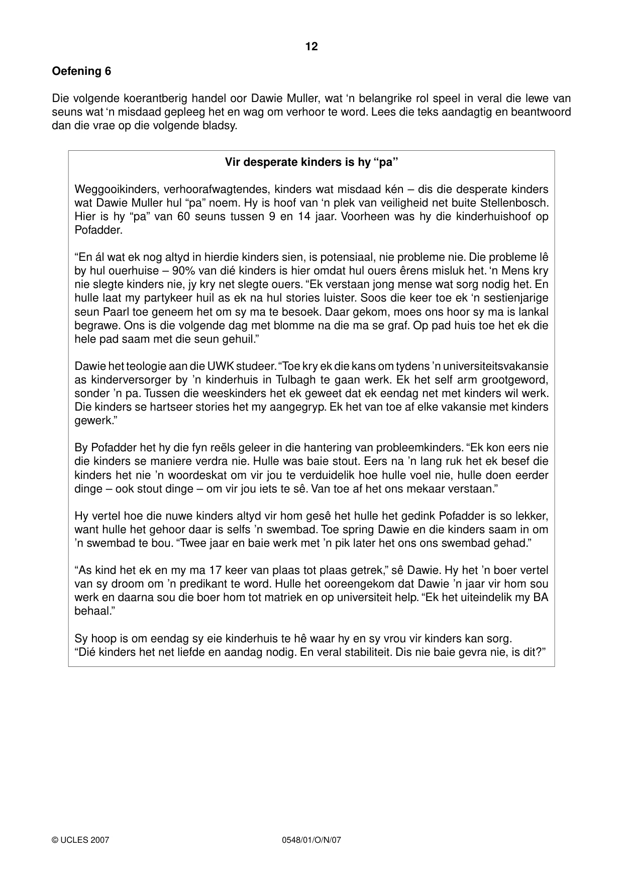 Cambridge IGCSE Afrikaans - Second Language 0548 2007 Oct/Nov Paper 1 · Variant 1 question paper, page 12 of 16