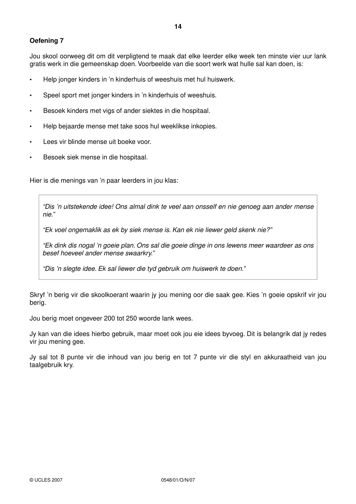 Cambridge IGCSE Afrikaans - Second Language 0548 2007 Oct/Nov Paper 1 · Variant 1 question paper, page 14 of 16