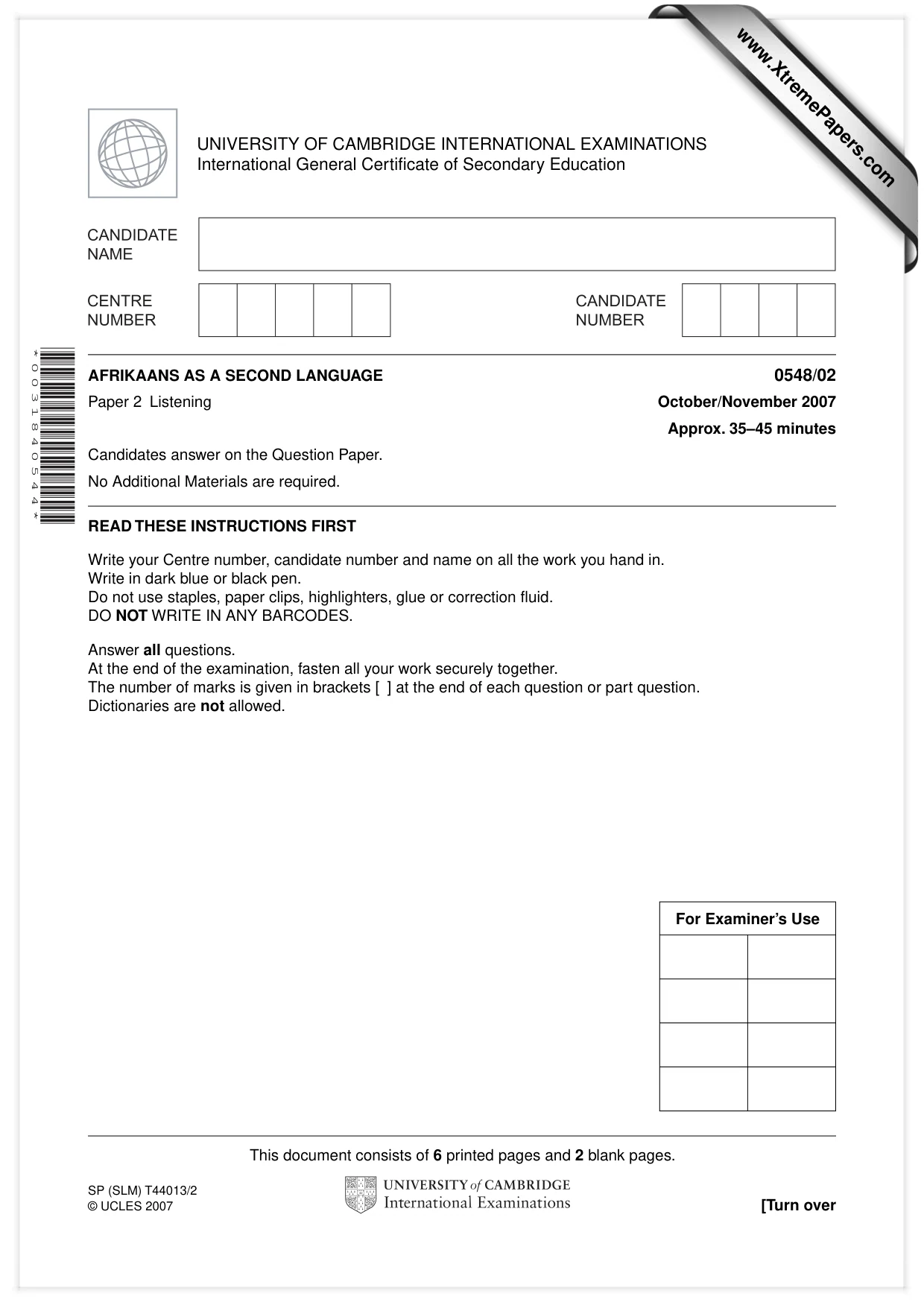 Cambridge IGCSE Afrikaans - Second Language 0548 2007 Oct/Nov Paper 2 · Variant 1 question paper, page 1 of 8