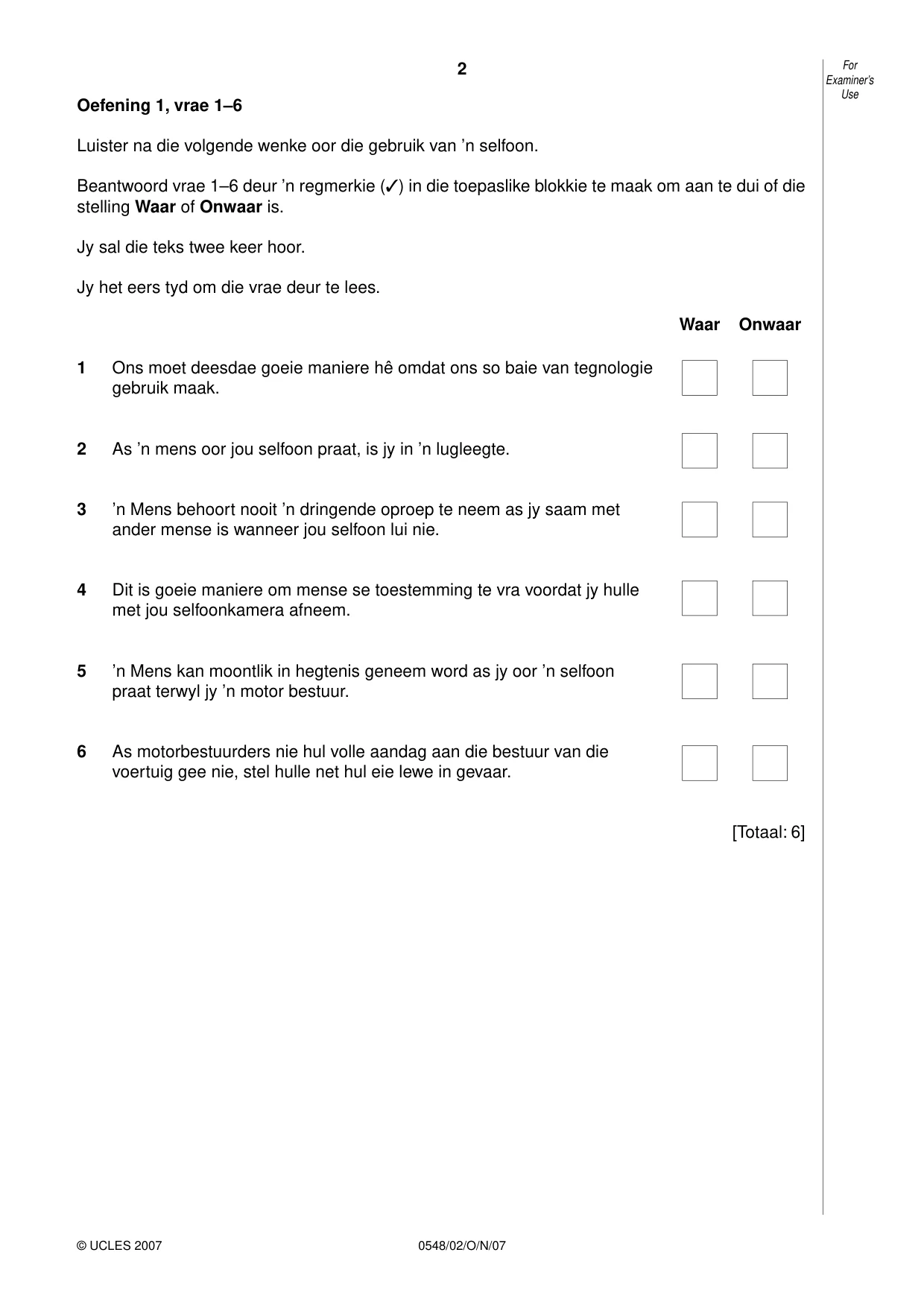 Cambridge IGCSE Afrikaans - Second Language 0548 2007 Oct/Nov Paper 2 · Variant 1 question paper, page 2 of 8