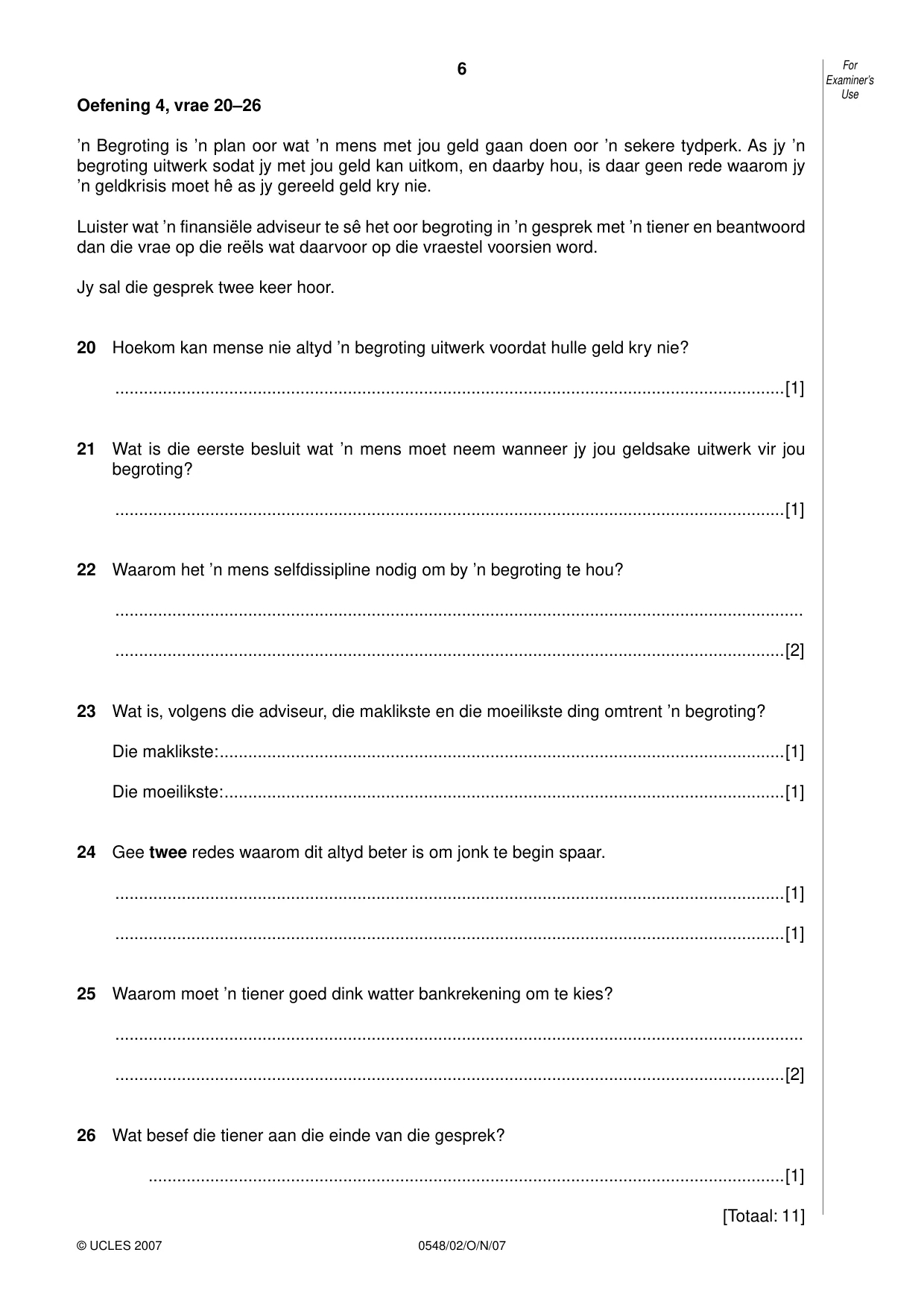 Cambridge IGCSE Afrikaans - Second Language 0548 2007 Oct/Nov Paper 2 · Variant 1 question paper, page 6 of 8