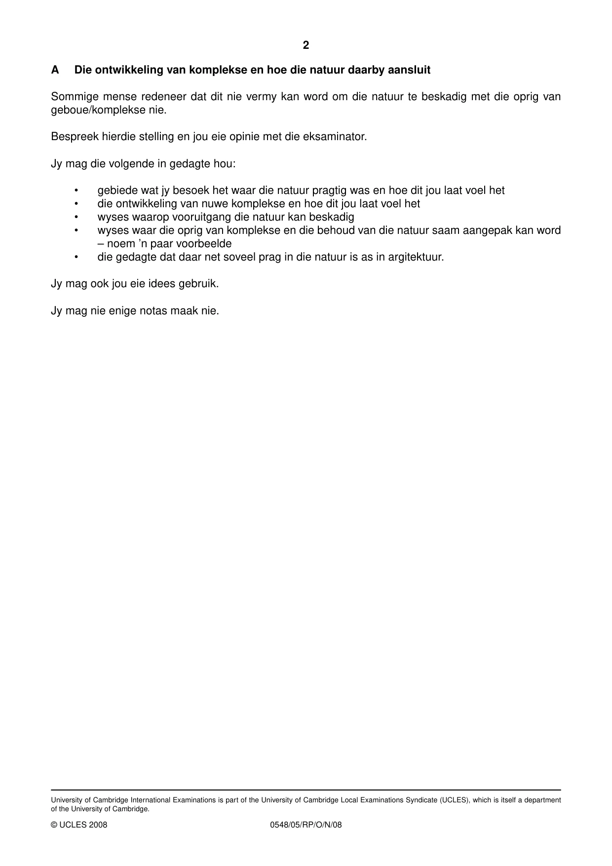 Cambridge IGCSE Afrikaans - Second Language 0548 2008 Oct/Nov Paper 5 · Variant 0 question paper, page 2 of 10