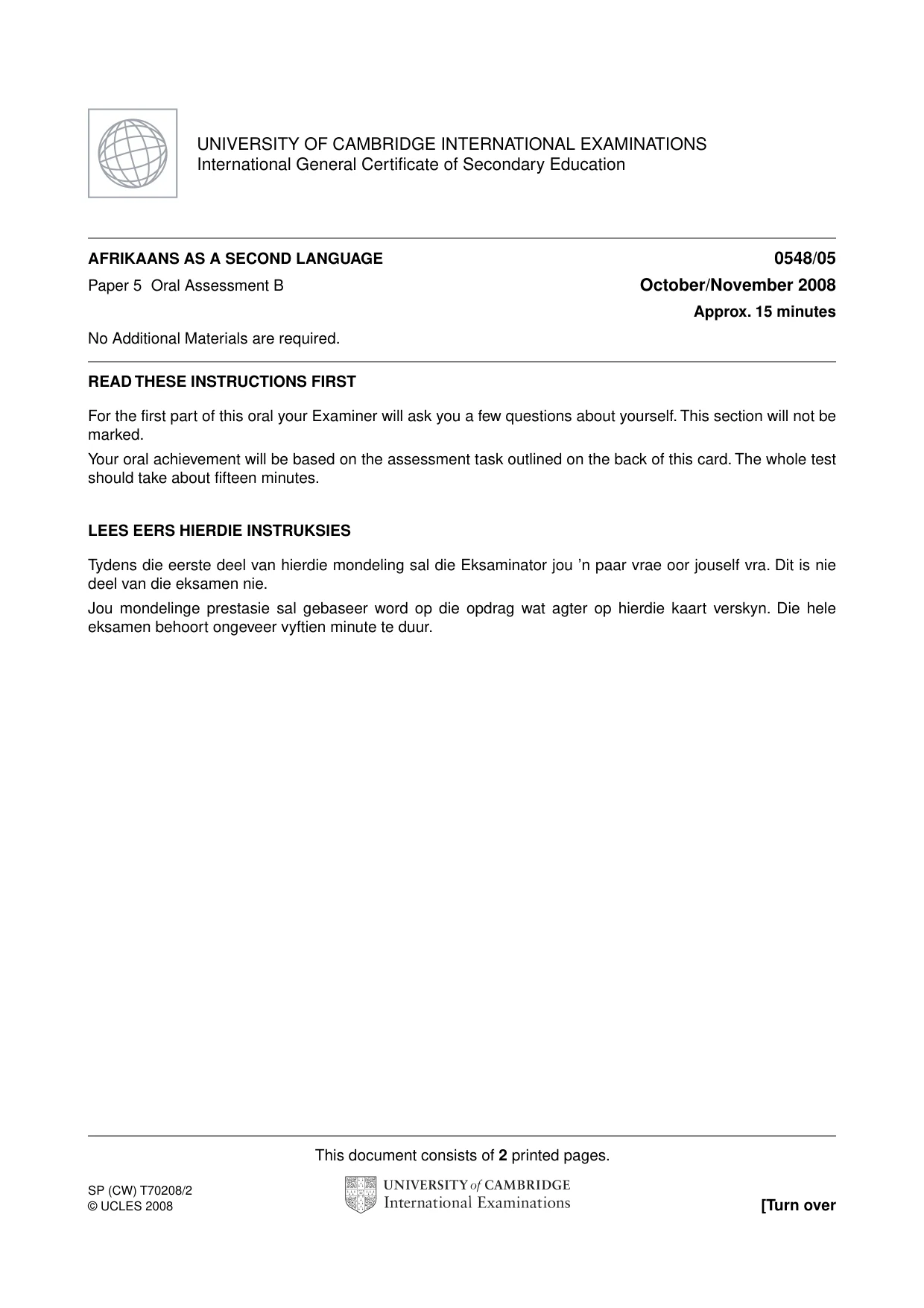 Cambridge IGCSE Afrikaans - Second Language 0548 2008 Oct/Nov Paper 5 · Variant 0 question paper, page 3 of 10