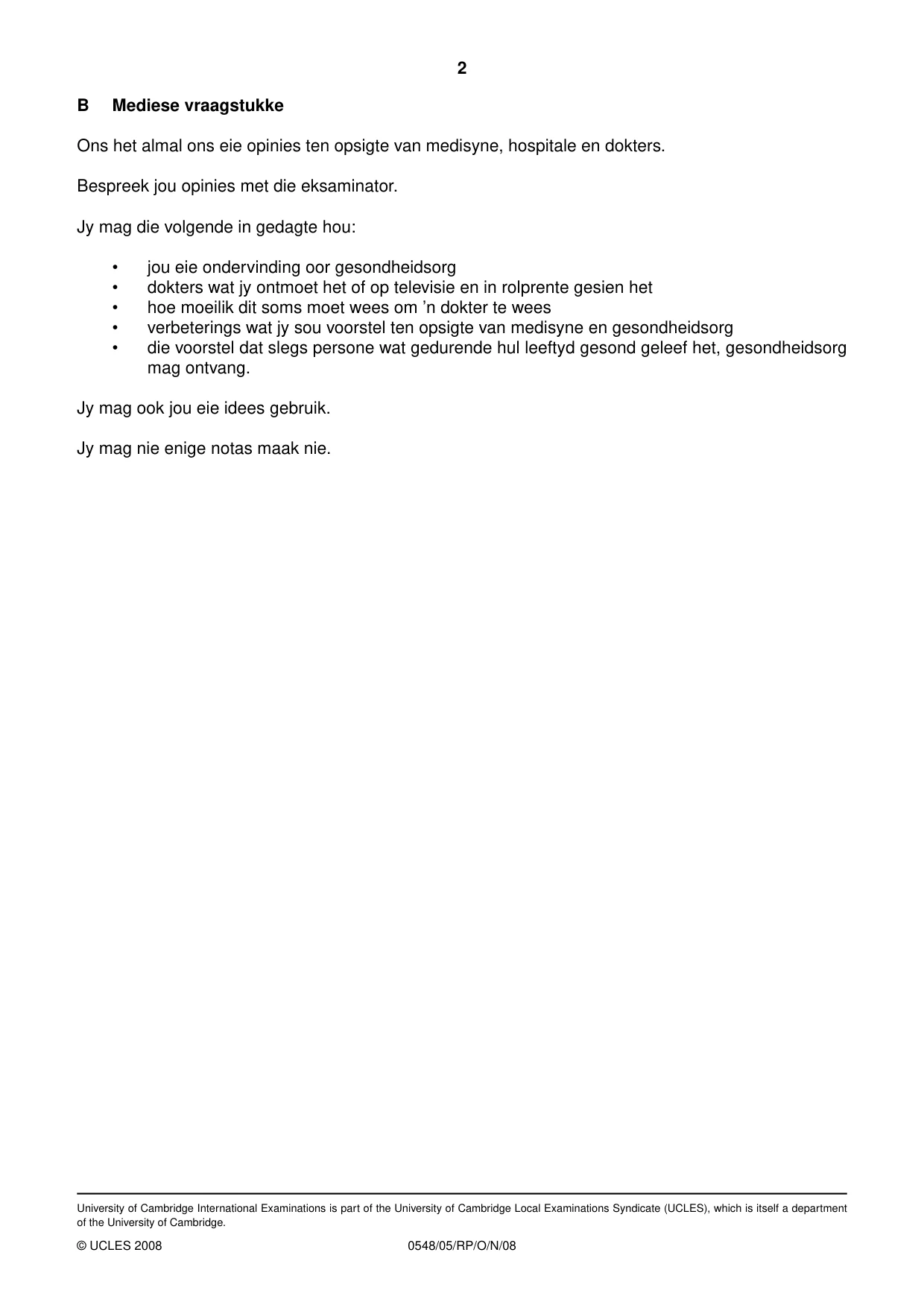 Cambridge IGCSE Afrikaans - Second Language 0548 2008 Oct/Nov Paper 5 · Variant 0 question paper, page 4 of 10