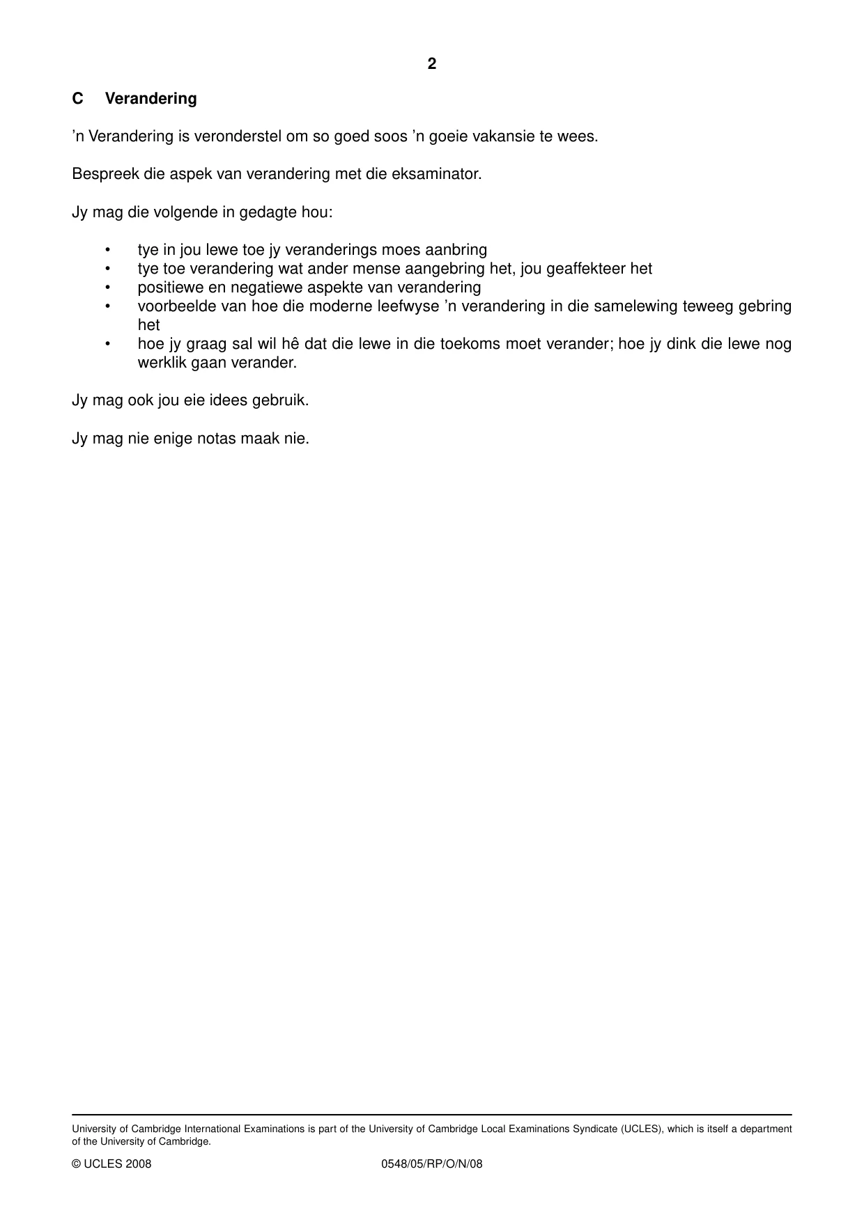 Cambridge IGCSE Afrikaans - Second Language 0548 2008 Oct/Nov Paper 5 · Variant 0 question paper, page 6 of 10