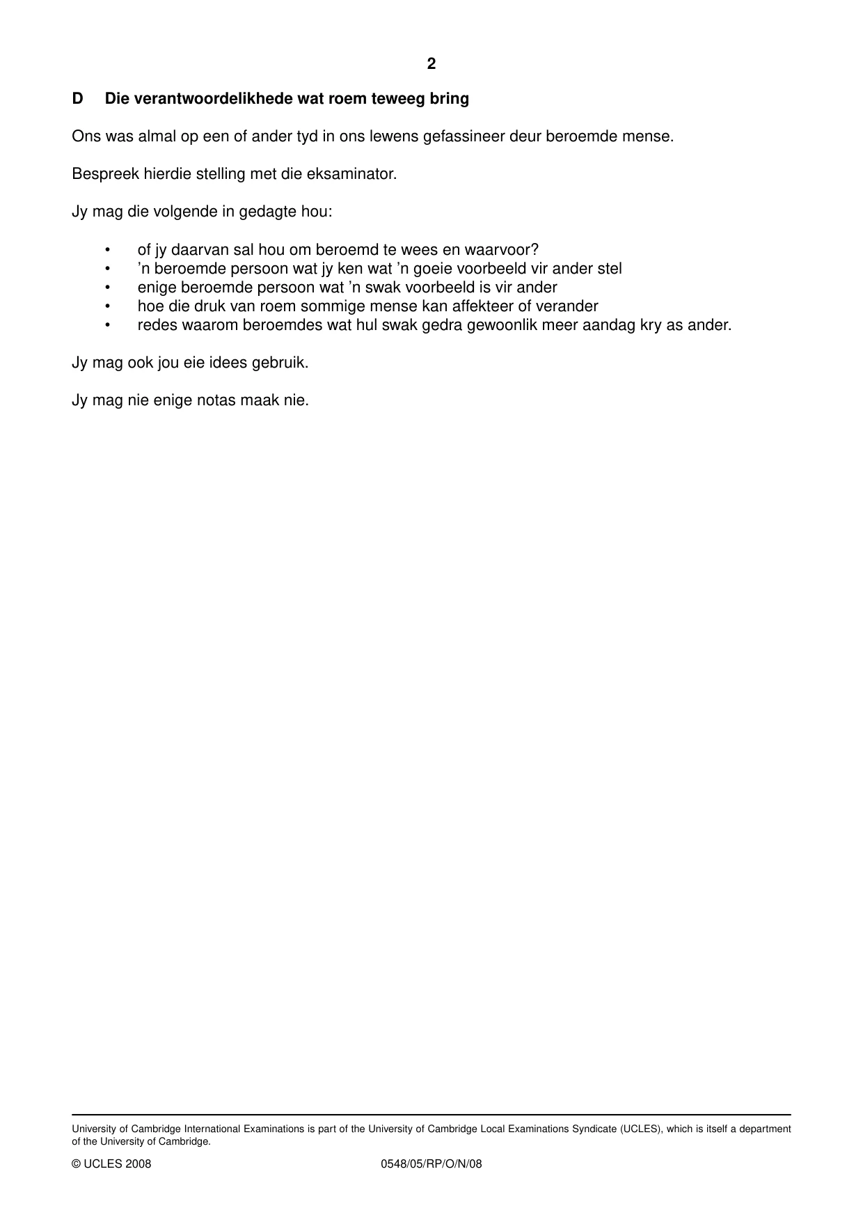 Cambridge IGCSE Afrikaans - Second Language 0548 2008 Oct/Nov Paper 5 · Variant 0 question paper, page 8 of 10