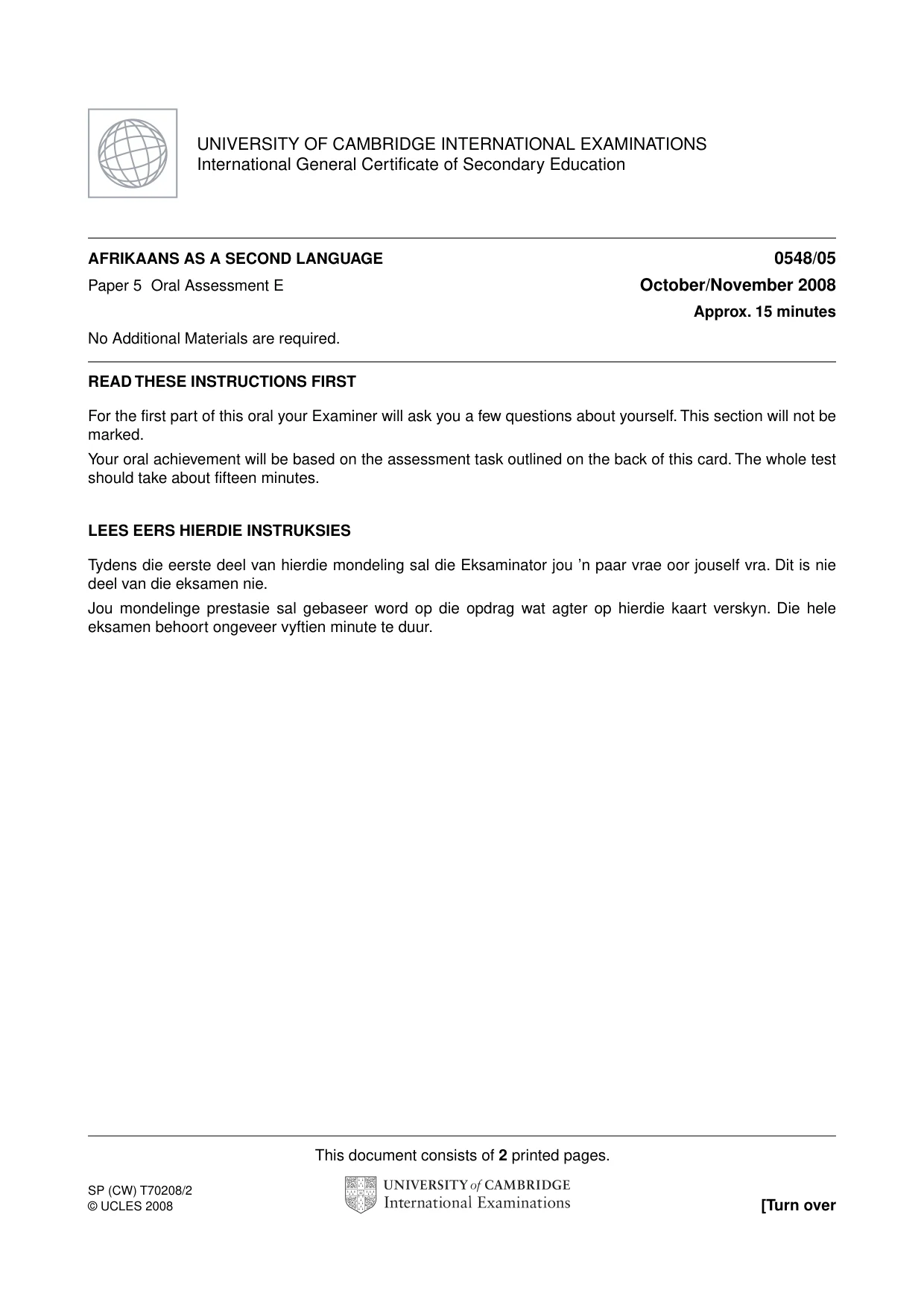 Cambridge IGCSE Afrikaans - Second Language 0548 2008 Oct/Nov Paper 5 · Variant 0 question paper, page 9 of 10