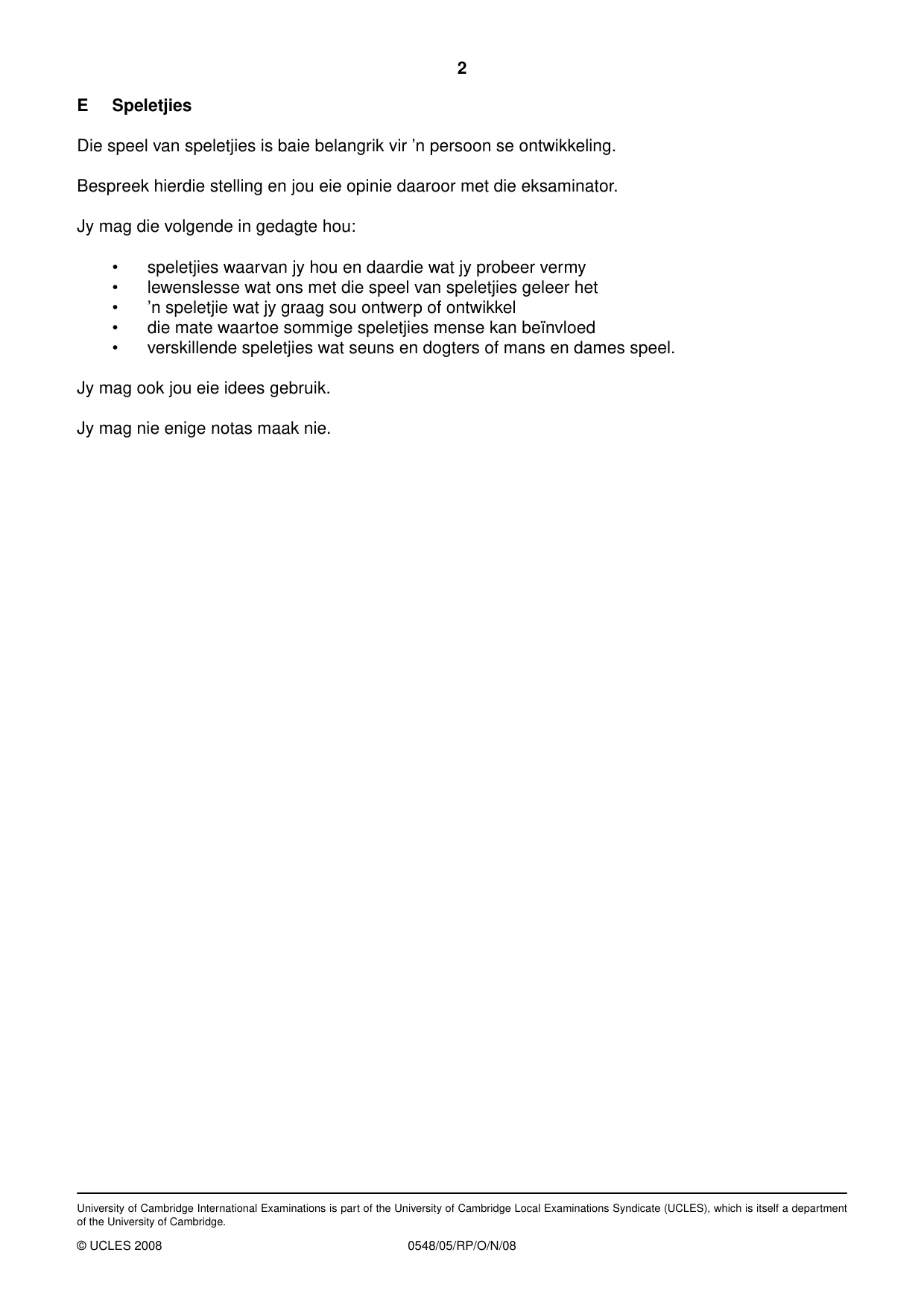 Cambridge IGCSE Afrikaans - Second Language 0548 2008 Oct/Nov Paper 5 · Variant 0 question paper, page 10 of 10