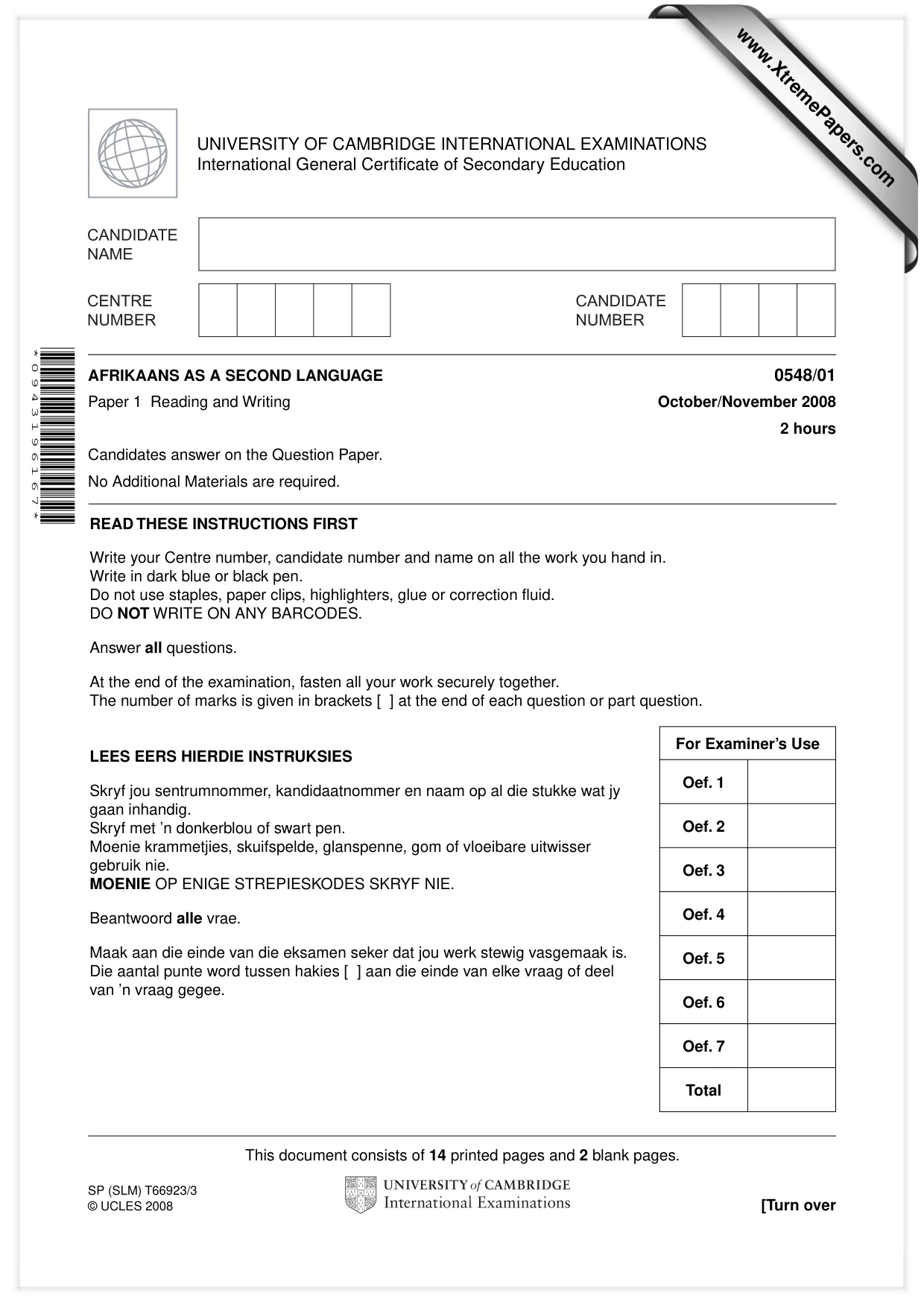 Cambridge IGCSE Afrikaans - Second Language 0548 2008 Oct/Nov Paper 1 · Variant 1 question paper, page 1 of 16