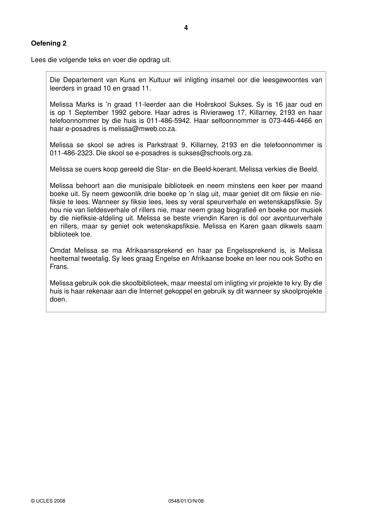 Cambridge IGCSE Afrikaans - Second Language 0548 2008 Oct/Nov Paper 1 · Variant 1 question paper, page 4 of 16