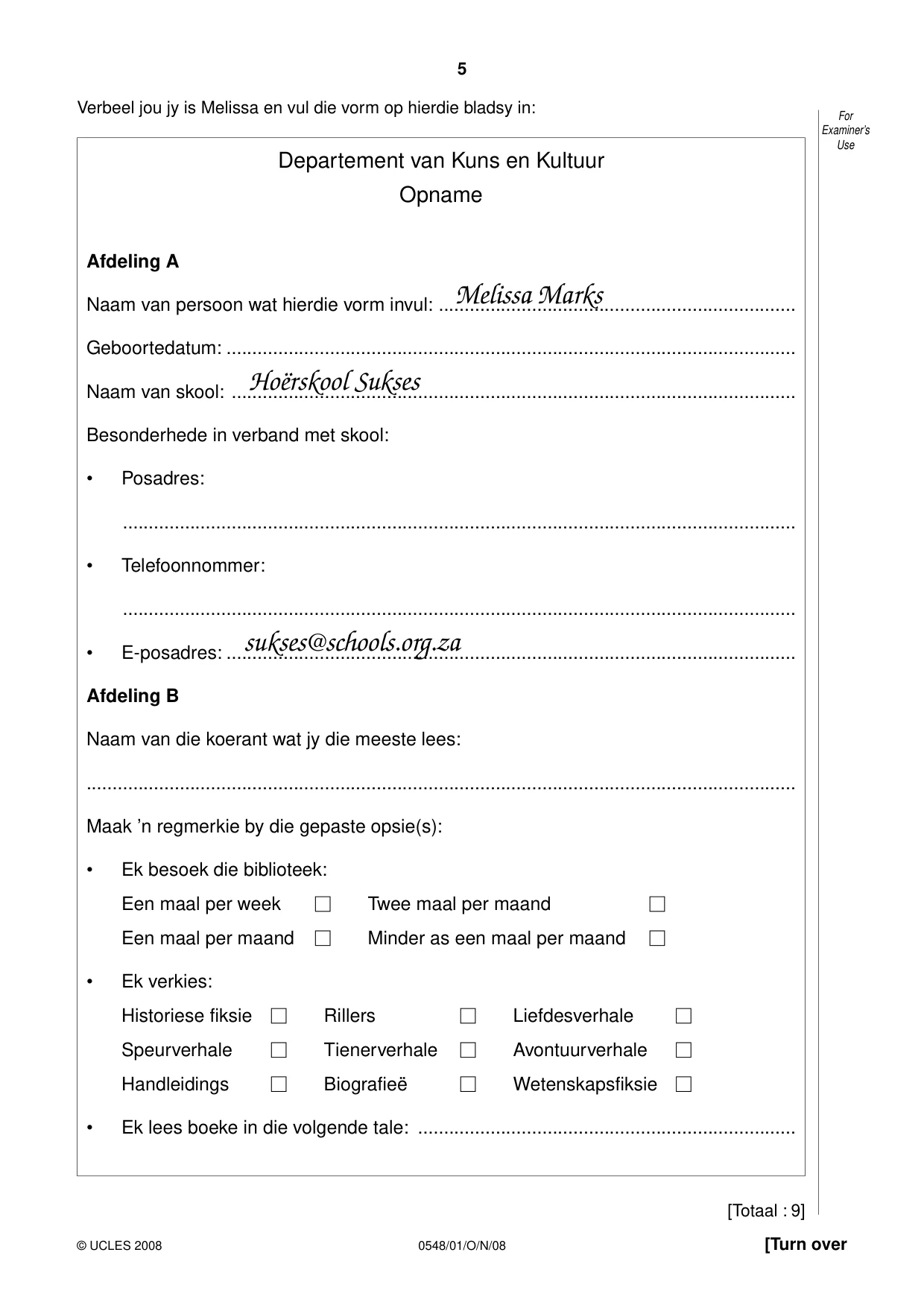 Cambridge IGCSE Afrikaans - Second Language 0548 2008 Oct/Nov Paper 1 · Variant 1 question paper, page 5 of 16