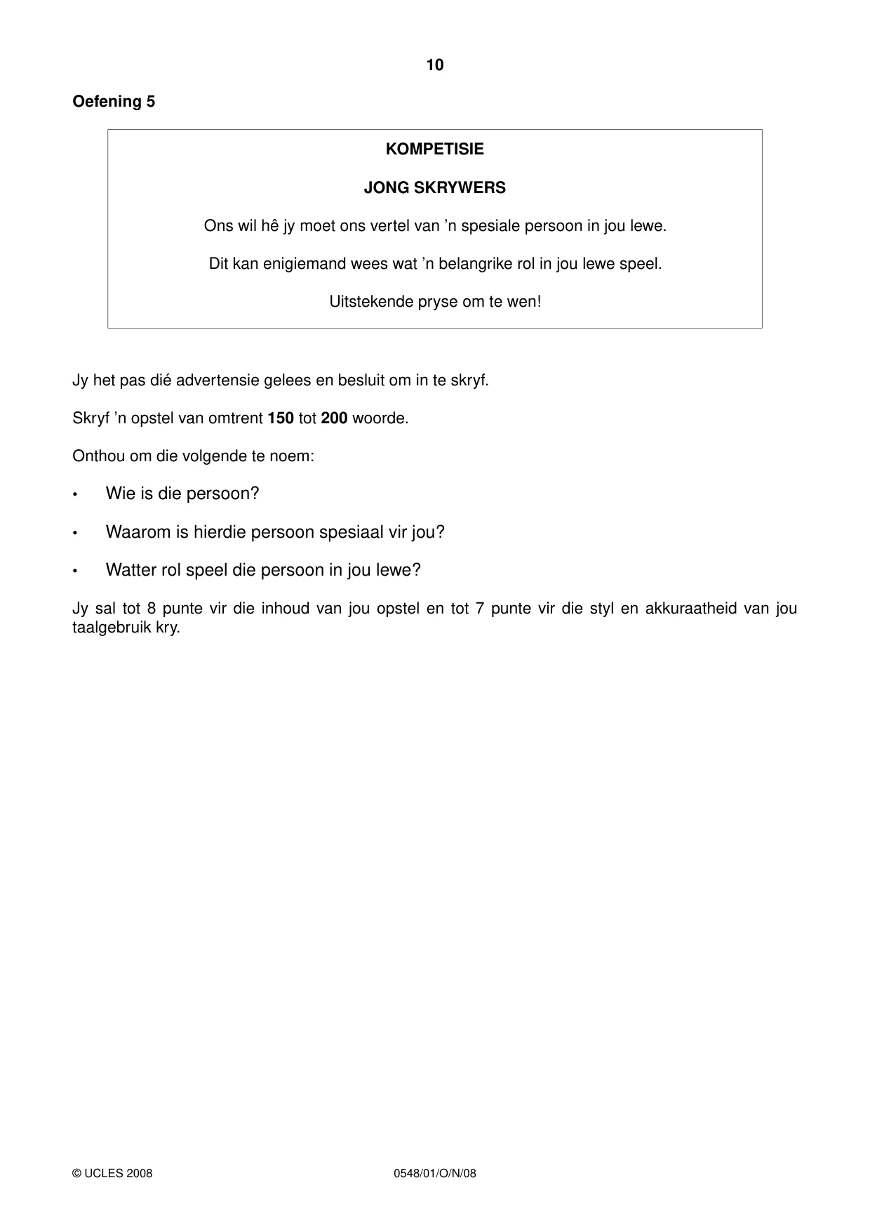 Cambridge IGCSE Afrikaans - Second Language 0548 2008 Oct/Nov Paper 1 · Variant 1 question paper, page 10 of 16