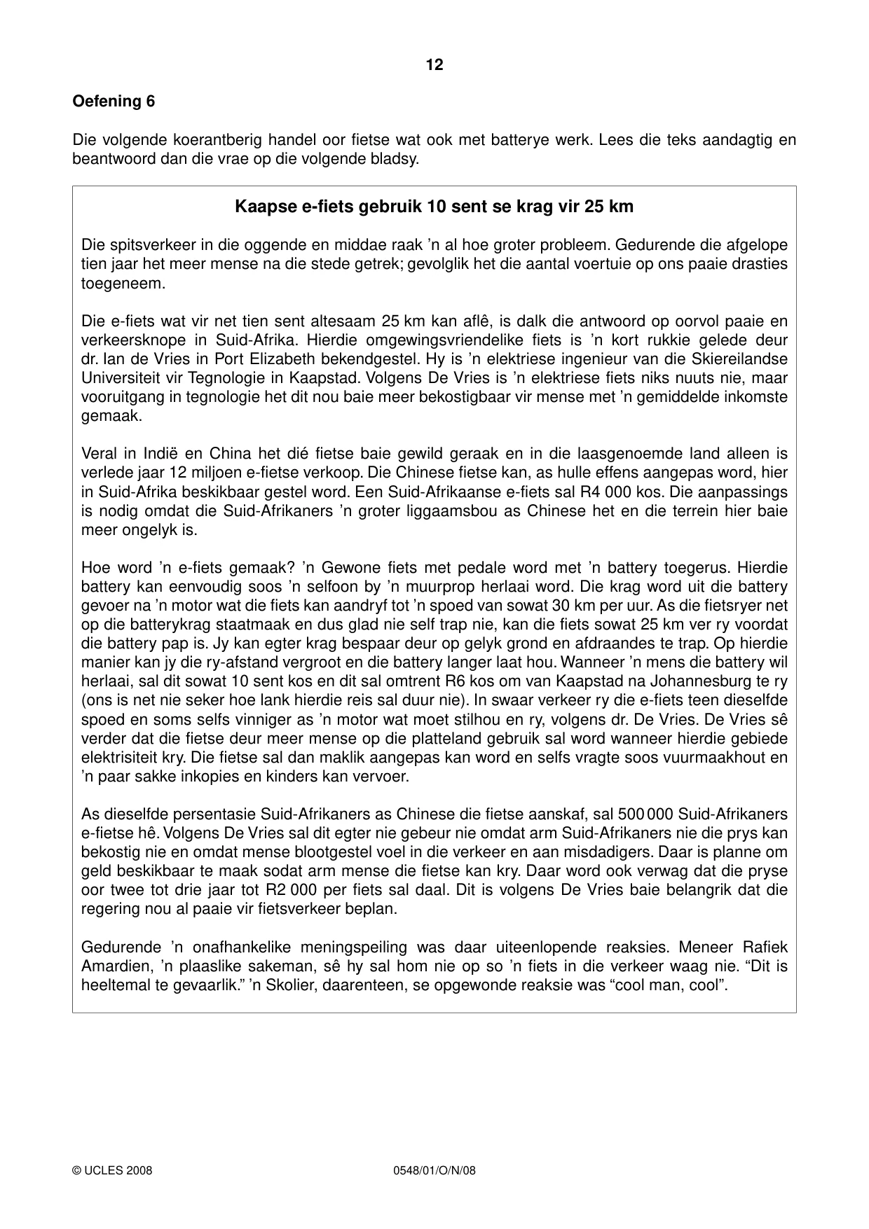 Cambridge IGCSE Afrikaans - Second Language 0548 2008 Oct/Nov Paper 1 · Variant 1 question paper, page 12 of 16