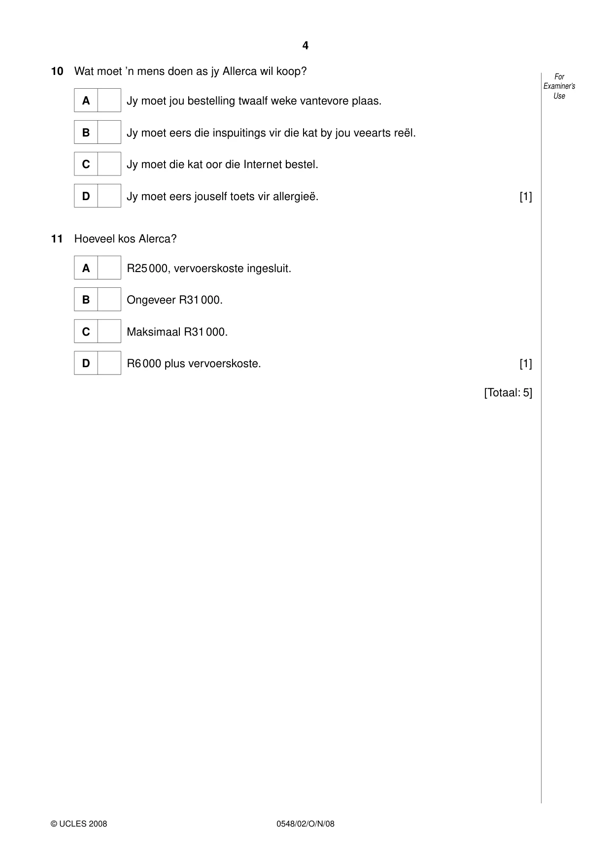 Cambridge IGCSE Afrikaans - Second Language 0548 2008 Oct/Nov Paper 2 · Variant 1 question paper, page 4 of 8