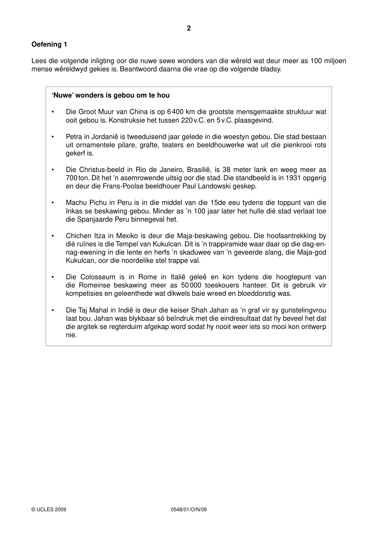 Cambridge IGCSE Afrikaans - Second Language 0548 2009 Oct/Nov Paper 1 · Variant 1 question paper, page 2 of 16