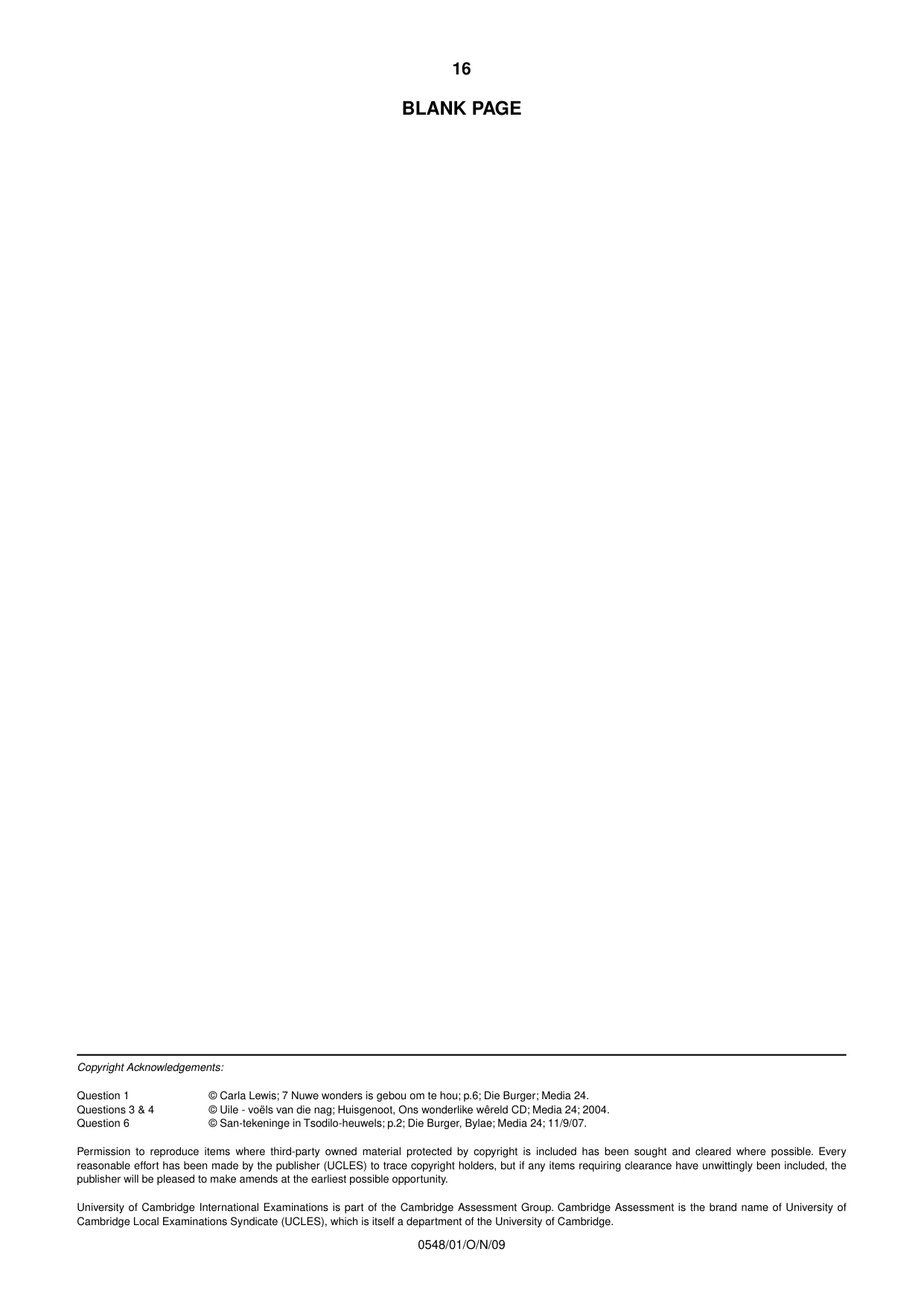 Cambridge IGCSE Afrikaans - Second Language 0548 2009 Oct/Nov Paper 1 · Variant 1 question paper, page 16 of 16