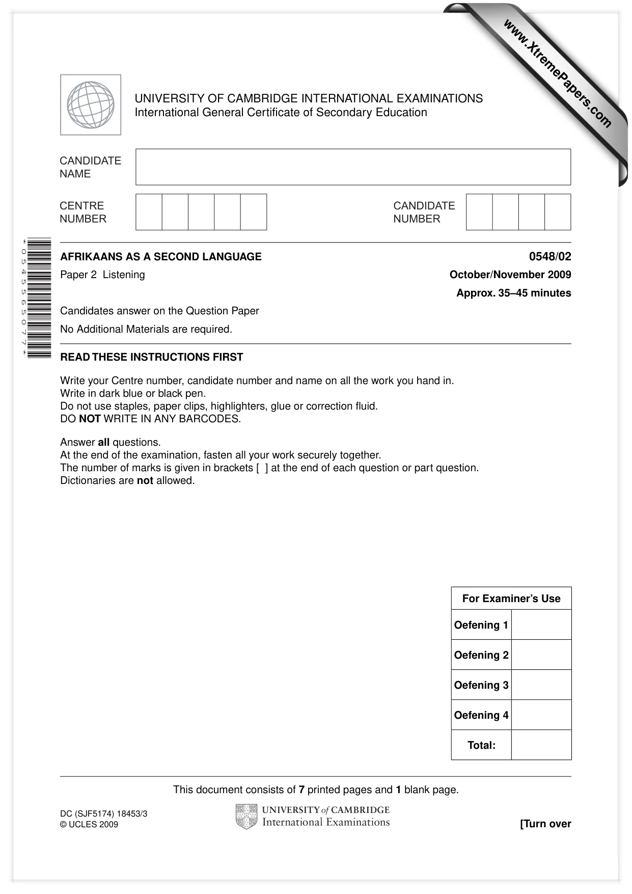 Cambridge IGCSE Afrikaans - Second Language 0548 2009 Oct/Nov Paper 2 · Variant 1 question paper, page 1 of 8