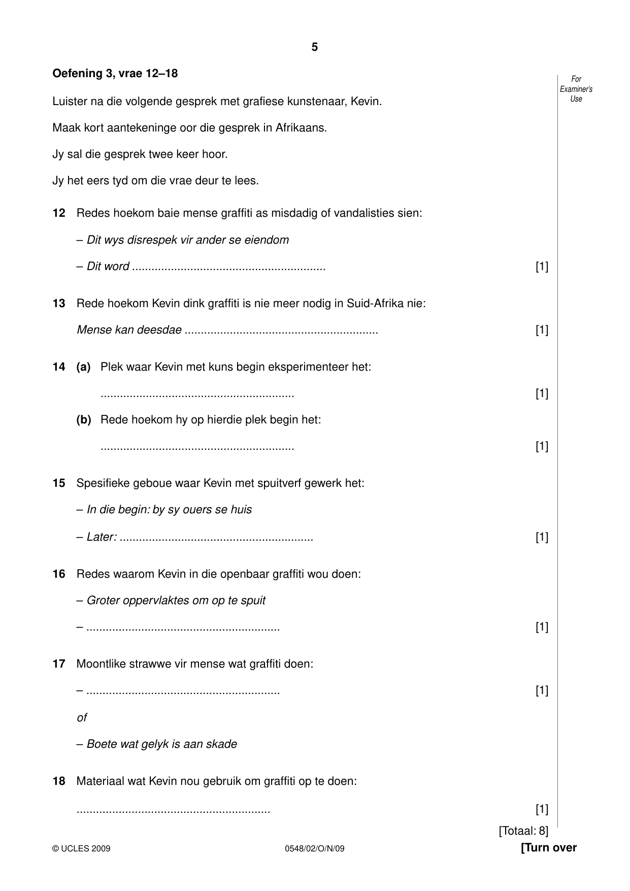 Cambridge IGCSE Afrikaans - Second Language 0548 2009 Oct/Nov Paper 2 · Variant 1 question paper, page 5 of 8
