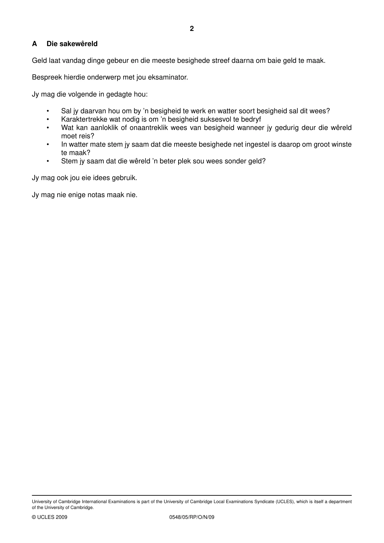 Cambridge IGCSE Afrikaans - Second Language 0548 2009 Oct/Nov Paper 5 · Variant 1 question paper, page 2 of 10