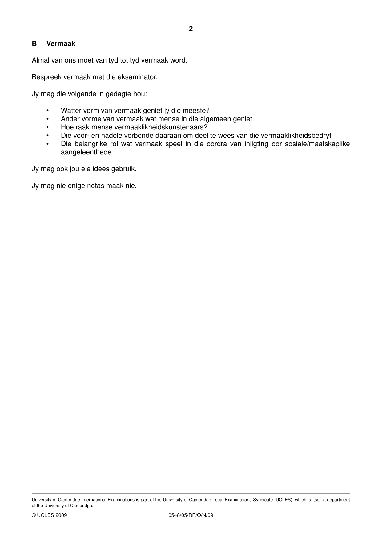 Cambridge IGCSE Afrikaans - Second Language 0548 2009 Oct/Nov Paper 5 · Variant 1 question paper, page 4 of 10