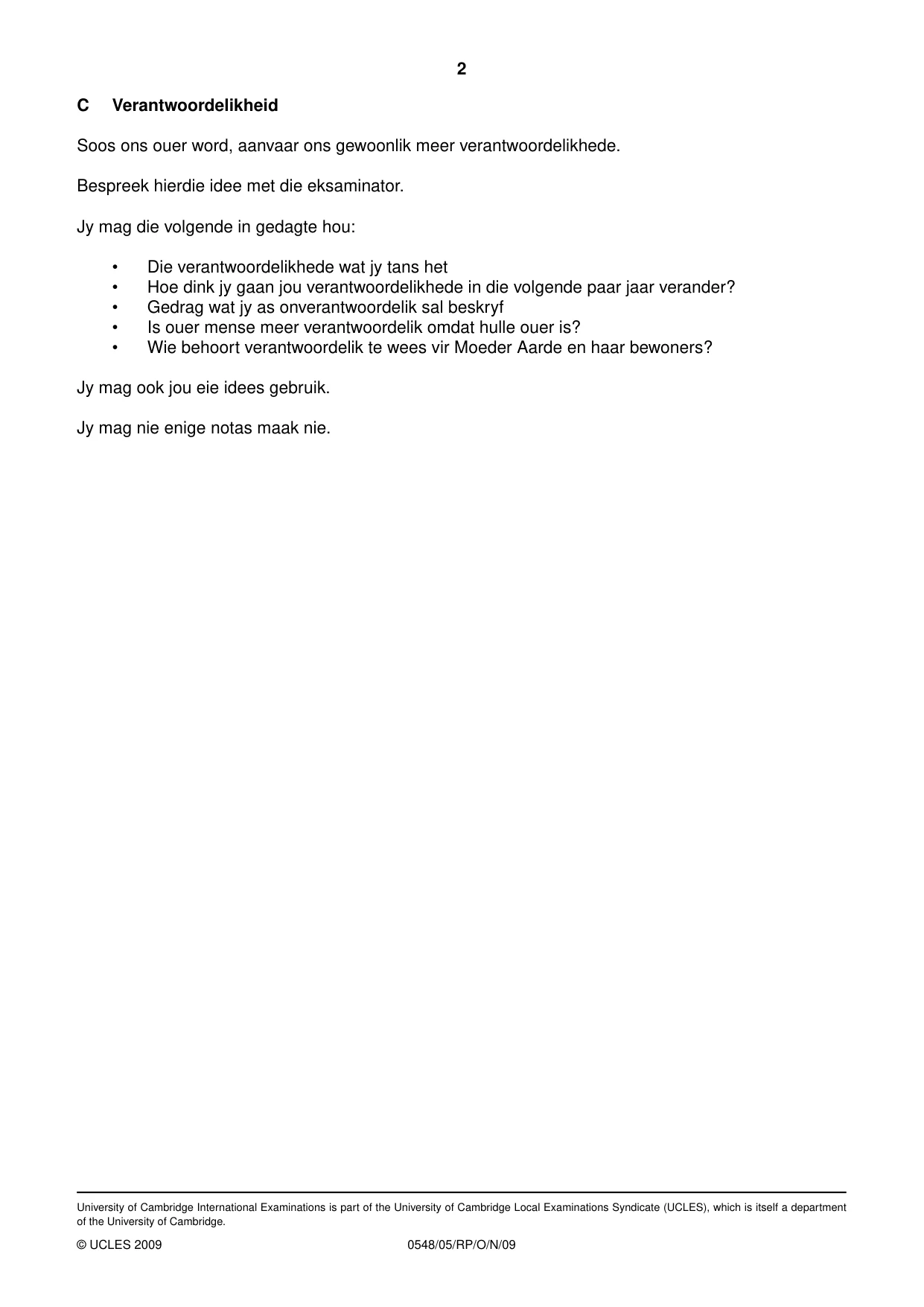 Cambridge IGCSE Afrikaans - Second Language 0548 2009 Oct/Nov Paper 5 · Variant 1 question paper, page 6 of 10