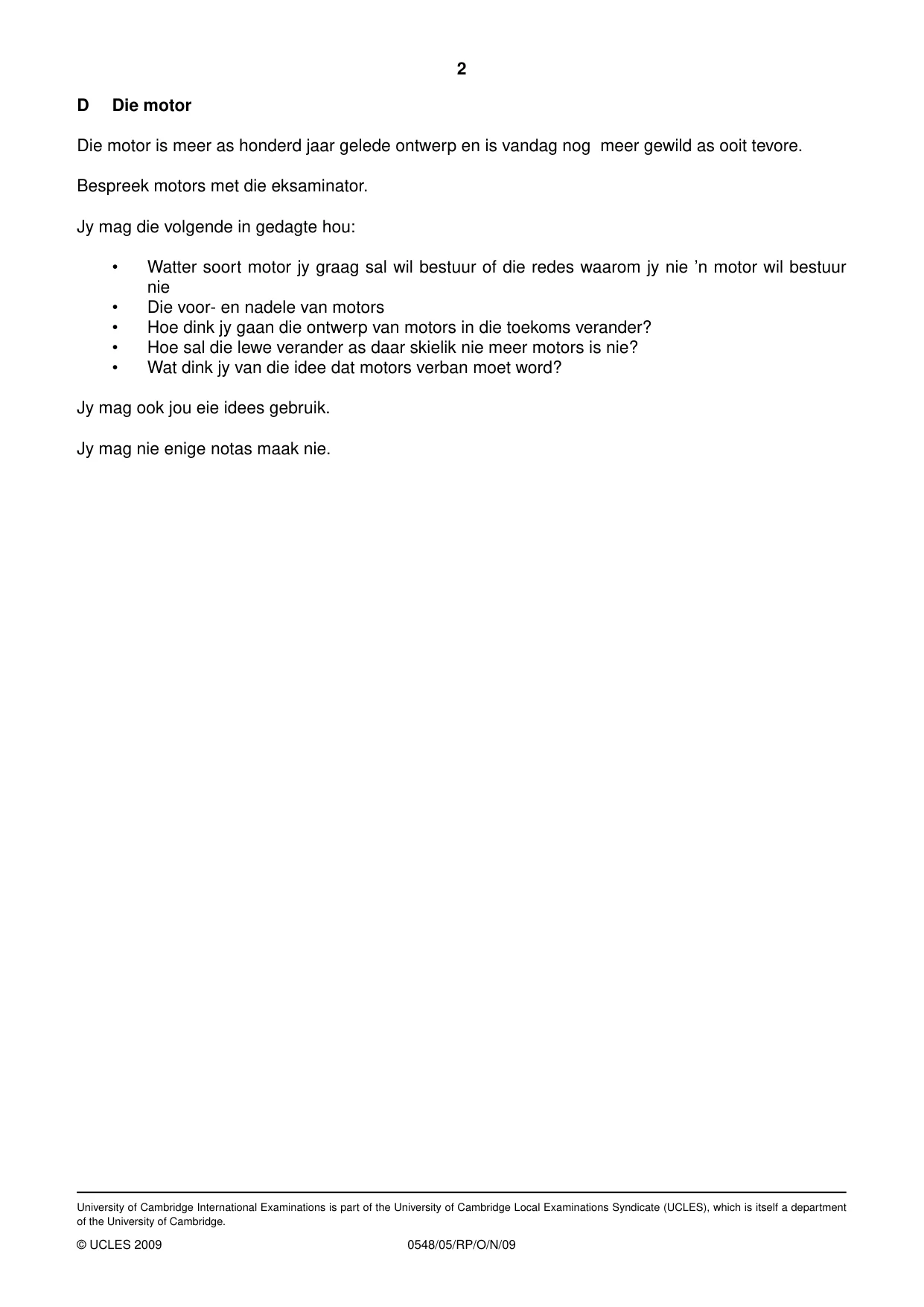 Cambridge IGCSE Afrikaans - Second Language 0548 2009 Oct/Nov Paper 5 · Variant 1 question paper, page 8 of 10