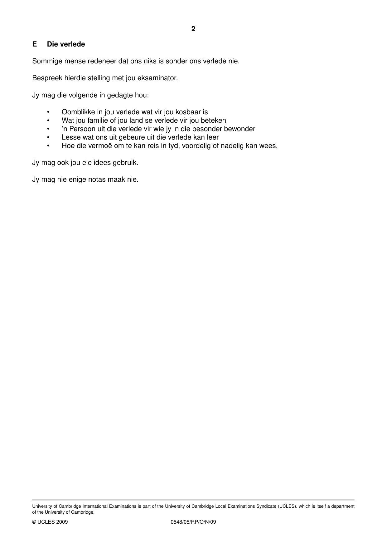 Cambridge IGCSE Afrikaans - Second Language 0548 2009 Oct/Nov Paper 5 · Variant 1 question paper, page 10 of 10