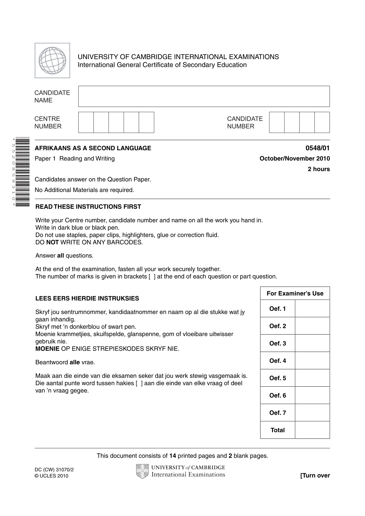 Cambridge IGCSE Afrikaans - Second Language 0548 2010 Oct/Nov Paper 1 · Variant 1 question paper, page 1 of 16