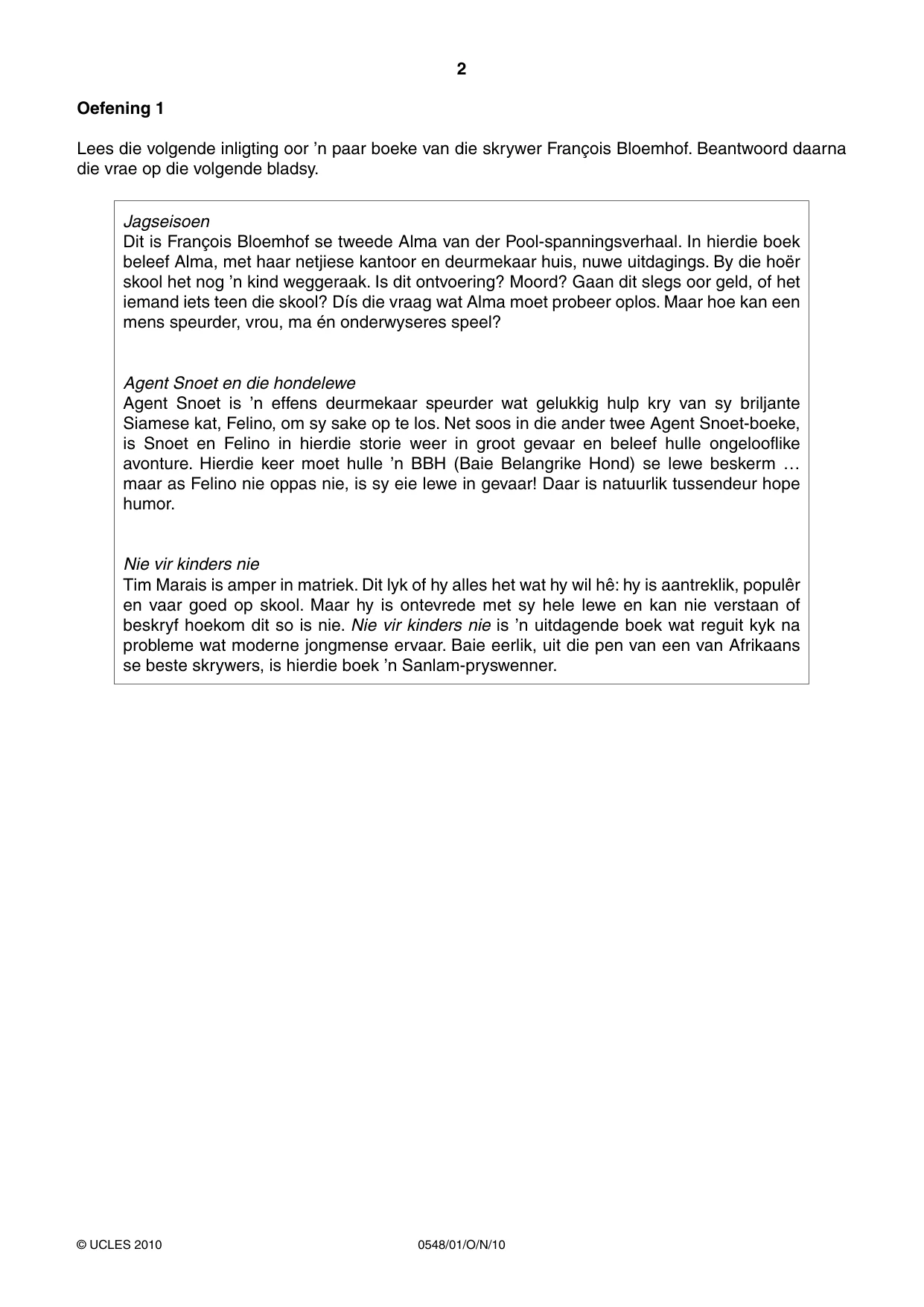Cambridge IGCSE Afrikaans - Second Language 0548 2010 Oct/Nov Paper 1 · Variant 1 question paper, page 2 of 16