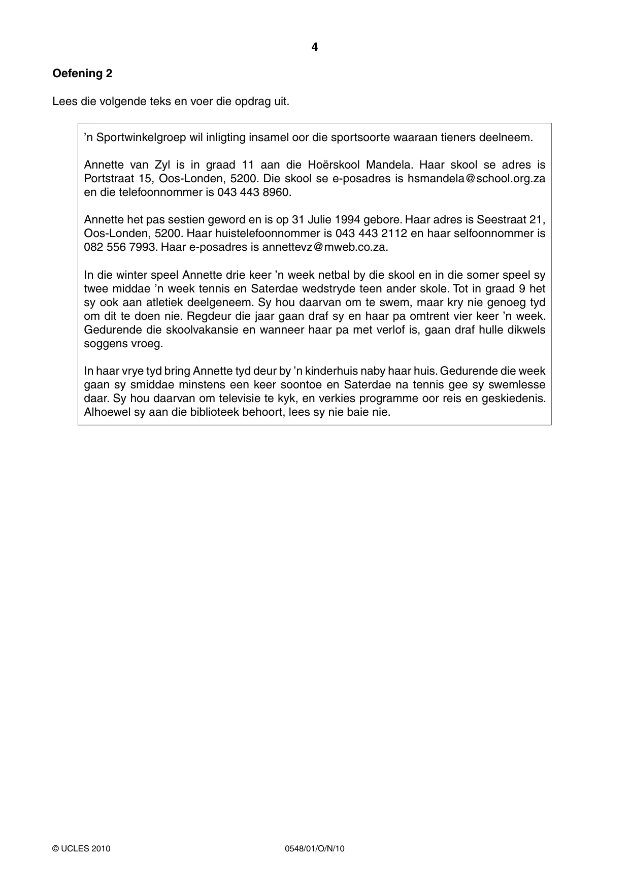 Cambridge IGCSE Afrikaans - Second Language 0548 2010 Oct/Nov Paper 1 · Variant 1 question paper, page 4 of 16