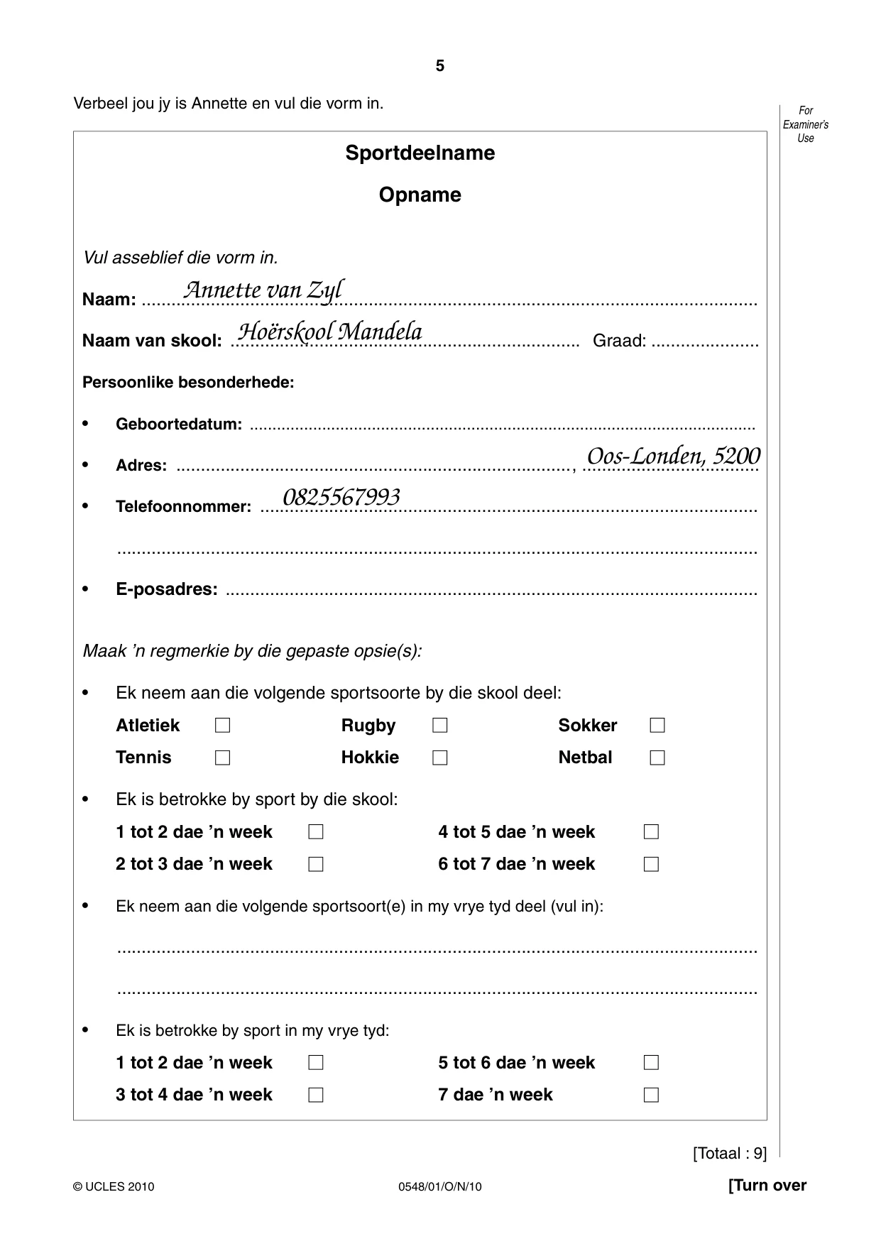 Cambridge IGCSE Afrikaans - Second Language 0548 2010 Oct/Nov Paper 1 · Variant 1 question paper, page 5 of 16