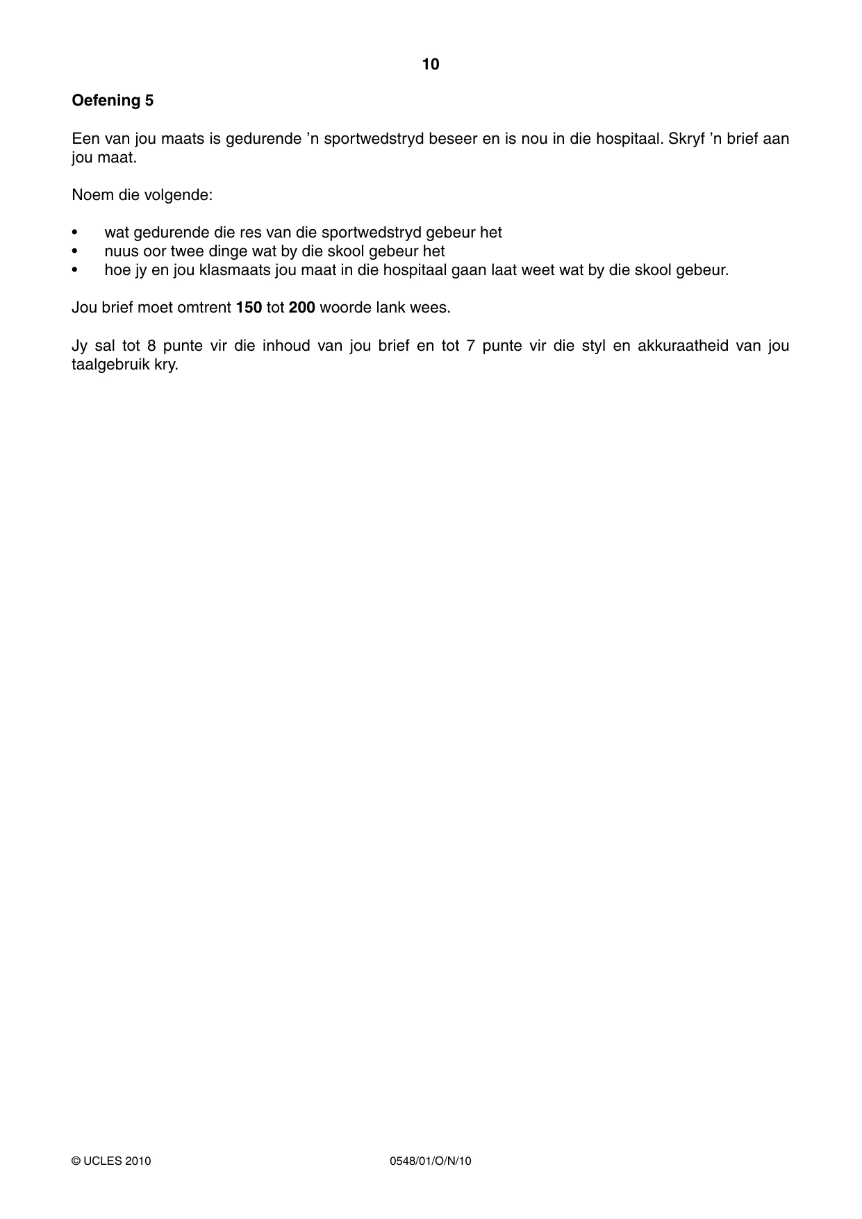 Cambridge IGCSE Afrikaans - Second Language 0548 2010 Oct/Nov Paper 1 · Variant 1 question paper, page 10 of 16