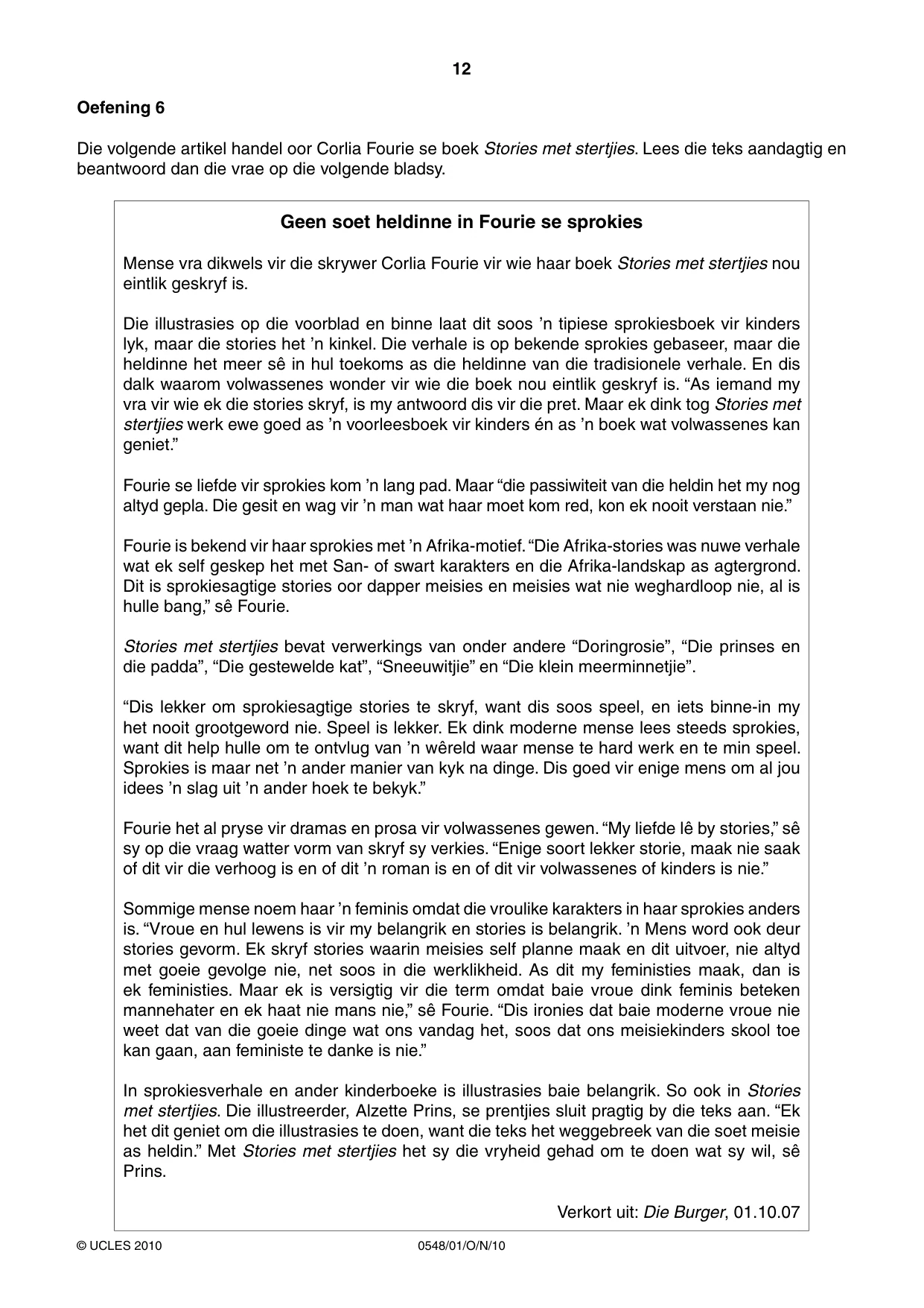 Cambridge IGCSE Afrikaans - Second Language 0548 2010 Oct/Nov Paper 1 · Variant 1 question paper, page 12 of 16
