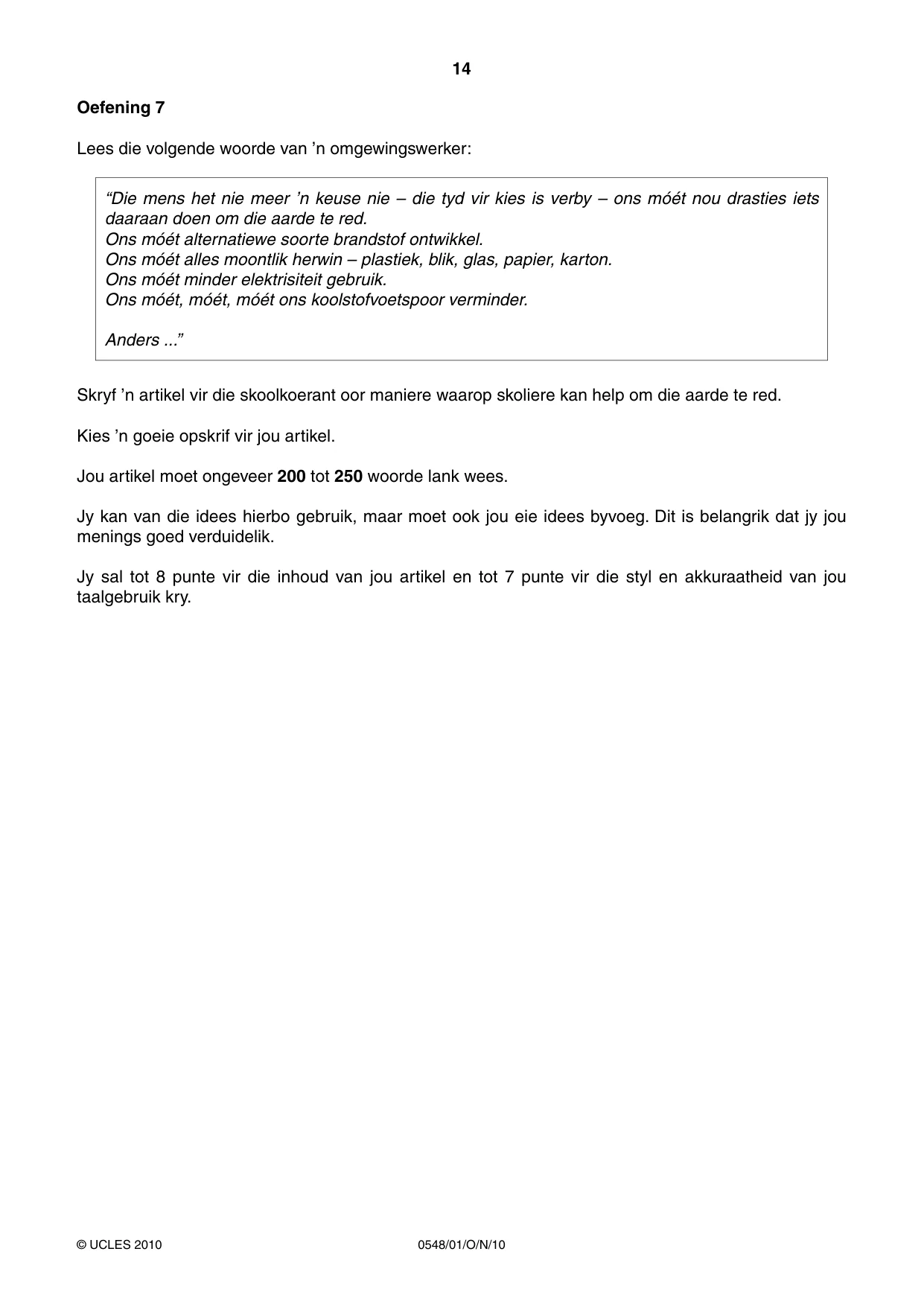 Cambridge IGCSE Afrikaans - Second Language 0548 2010 Oct/Nov Paper 1 · Variant 1 question paper, page 14 of 16