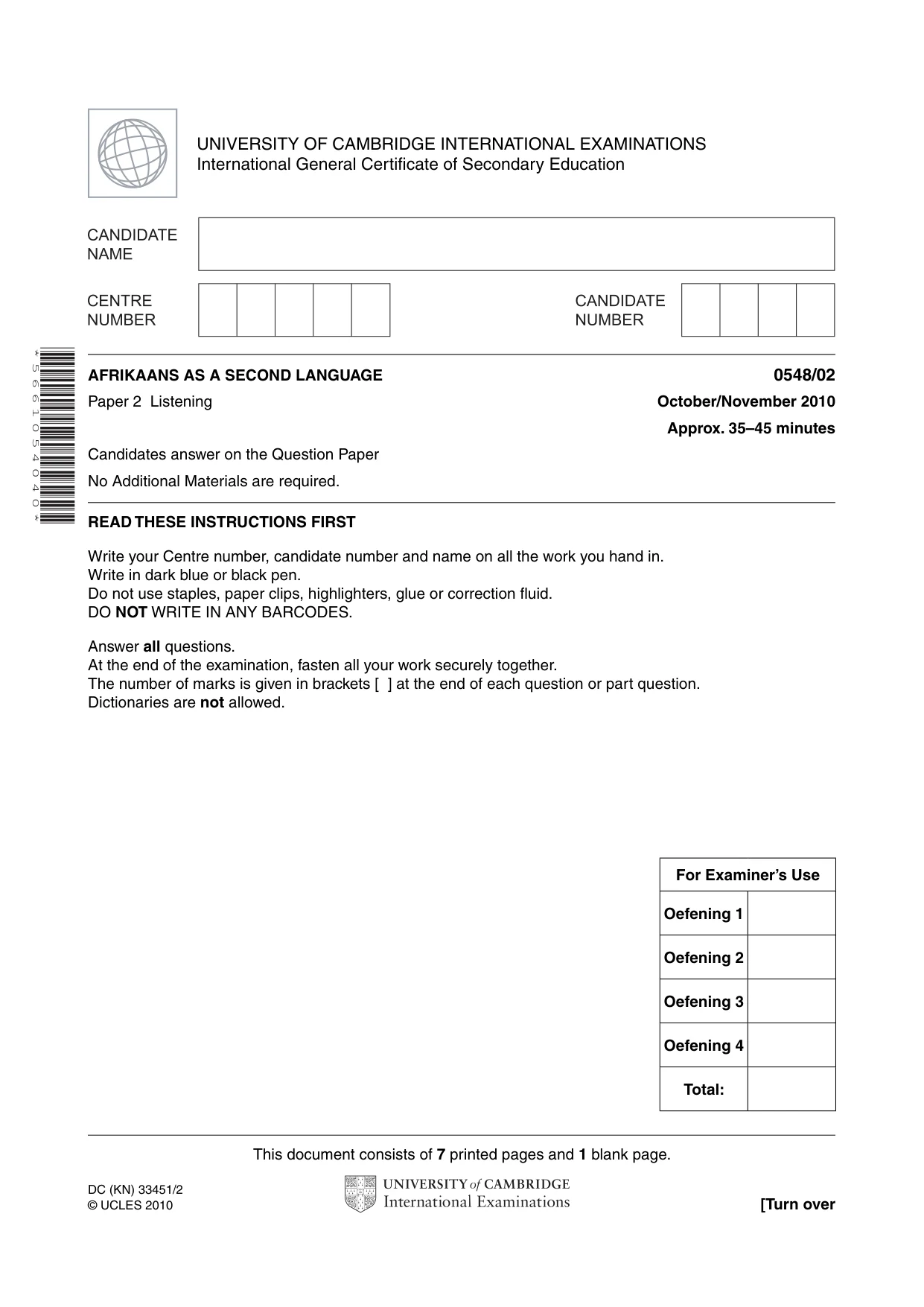 Cambridge IGCSE Afrikaans - Second Language 0548 2010 Oct/Nov Paper 2 · Variant 1 question paper, page 1 of 8
