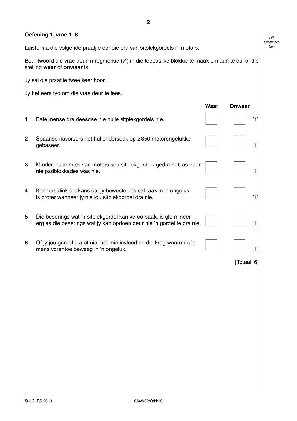 Cambridge IGCSE Afrikaans - Second Language 0548 2010 Oct/Nov Paper 2 · Variant 1 question paper, page 2 of 8