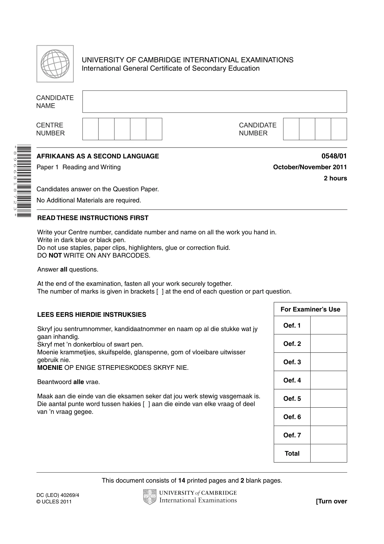 Cambridge IGCSE Afrikaans - Second Language 0548 2011 Oct/Nov Paper 1 · Variant 1 question paper, page 1 of 16