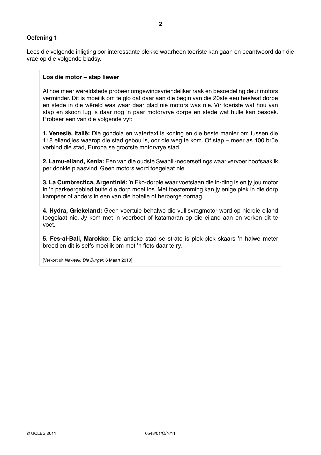Cambridge IGCSE Afrikaans - Second Language 0548 2011 Oct/Nov Paper 1 · Variant 1 question paper, page 2 of 16