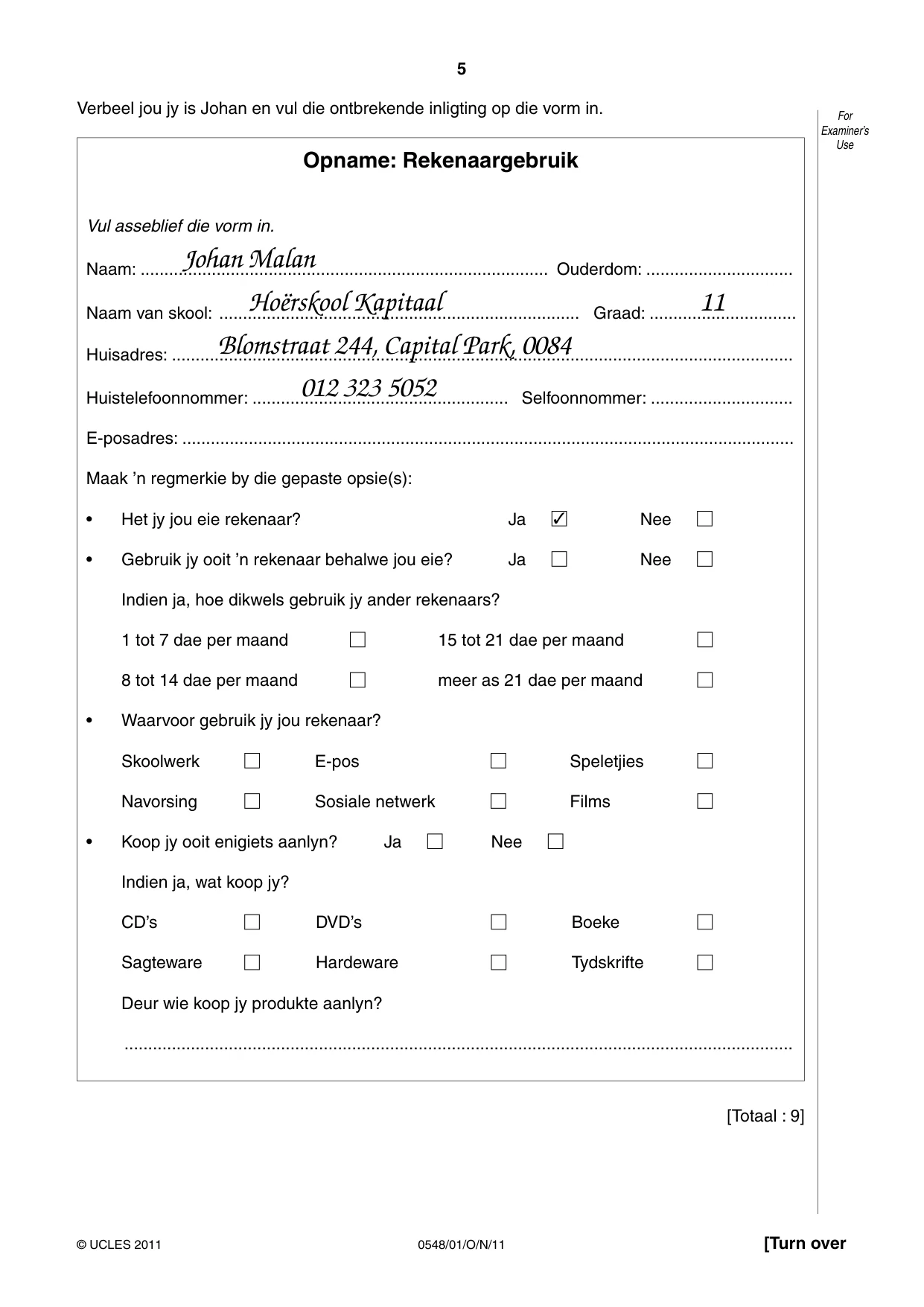 Cambridge IGCSE Afrikaans - Second Language 0548 2011 Oct/Nov Paper 1 · Variant 1 question paper, page 5 of 16