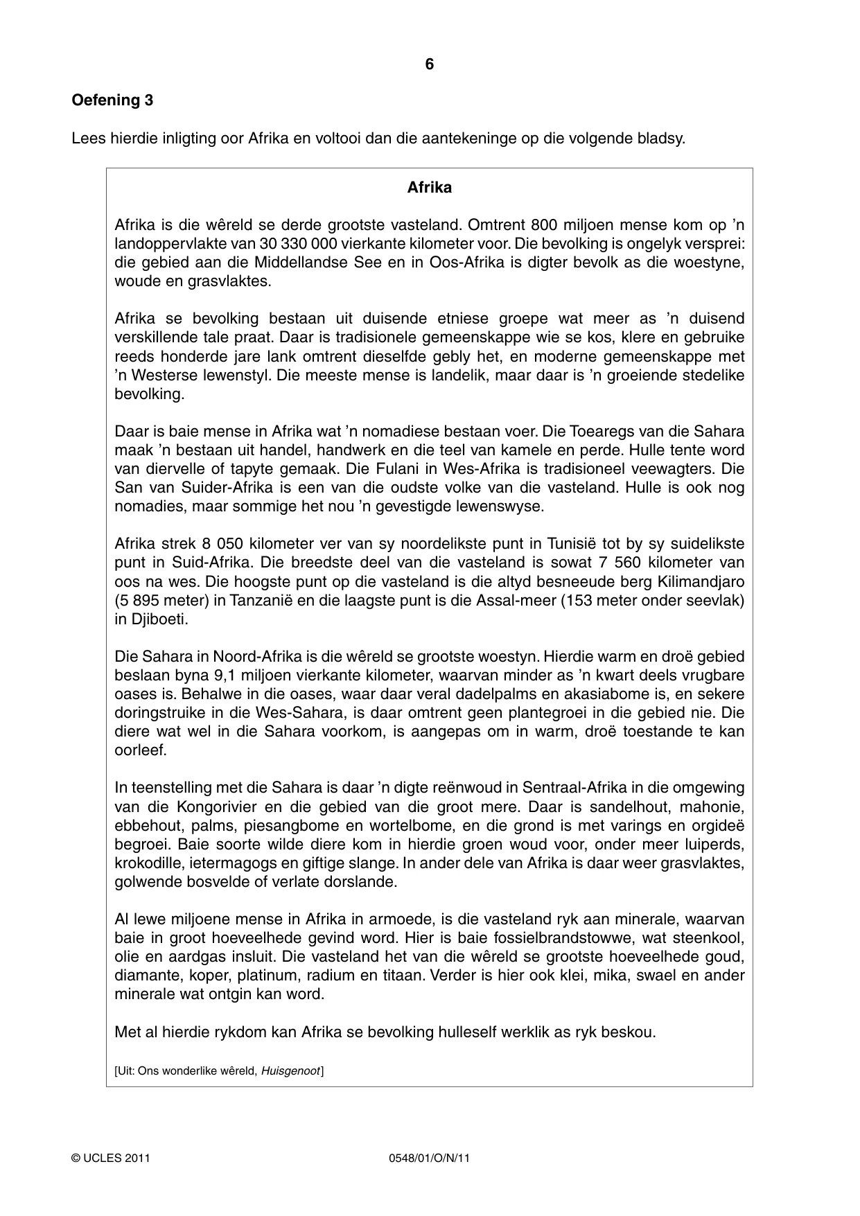 Cambridge IGCSE Afrikaans - Second Language 0548 2011 Oct/Nov Paper 1 · Variant 1 question paper, page 6 of 16