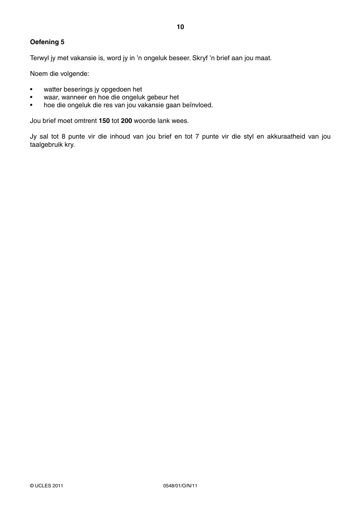 Cambridge IGCSE Afrikaans - Second Language 0548 2011 Oct/Nov Paper 1 · Variant 1 question paper, page 10 of 16