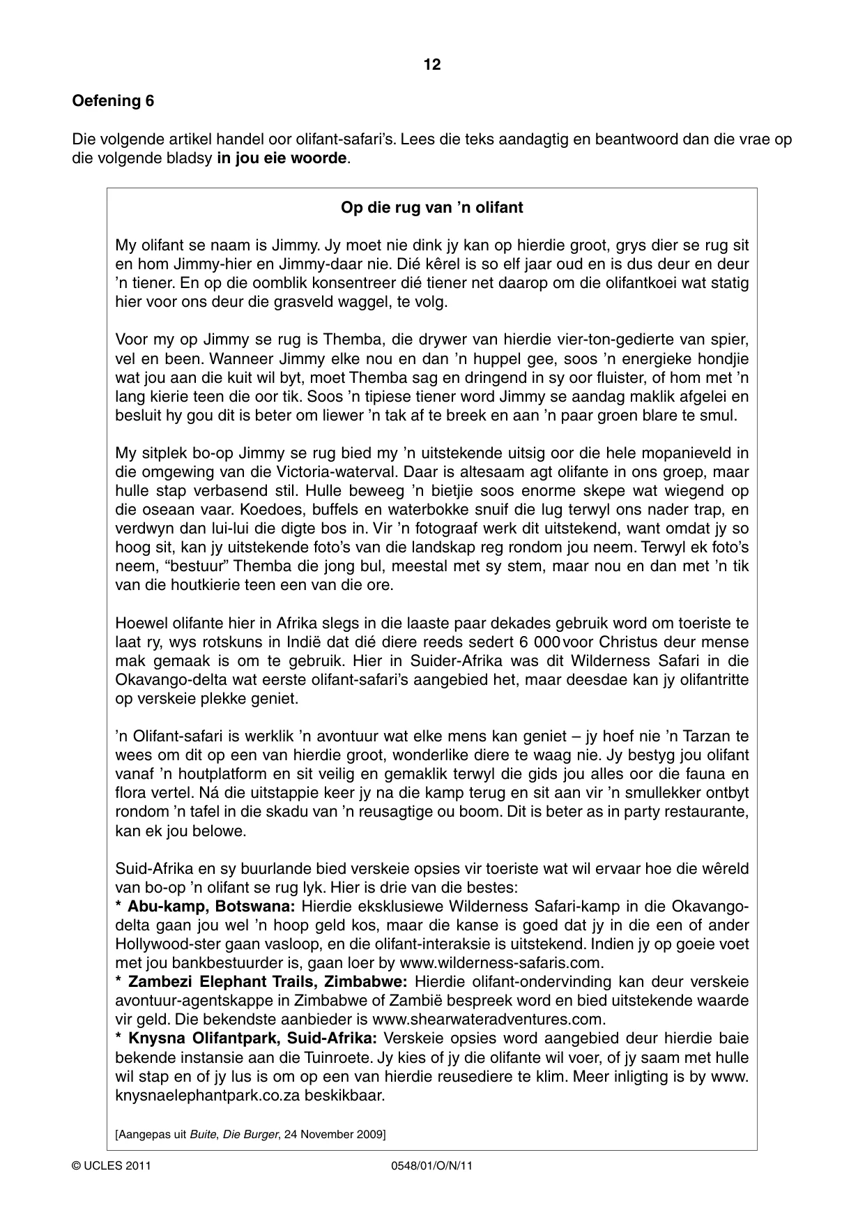 Cambridge IGCSE Afrikaans - Second Language 0548 2011 Oct/Nov Paper 1 · Variant 1 question paper, page 12 of 16